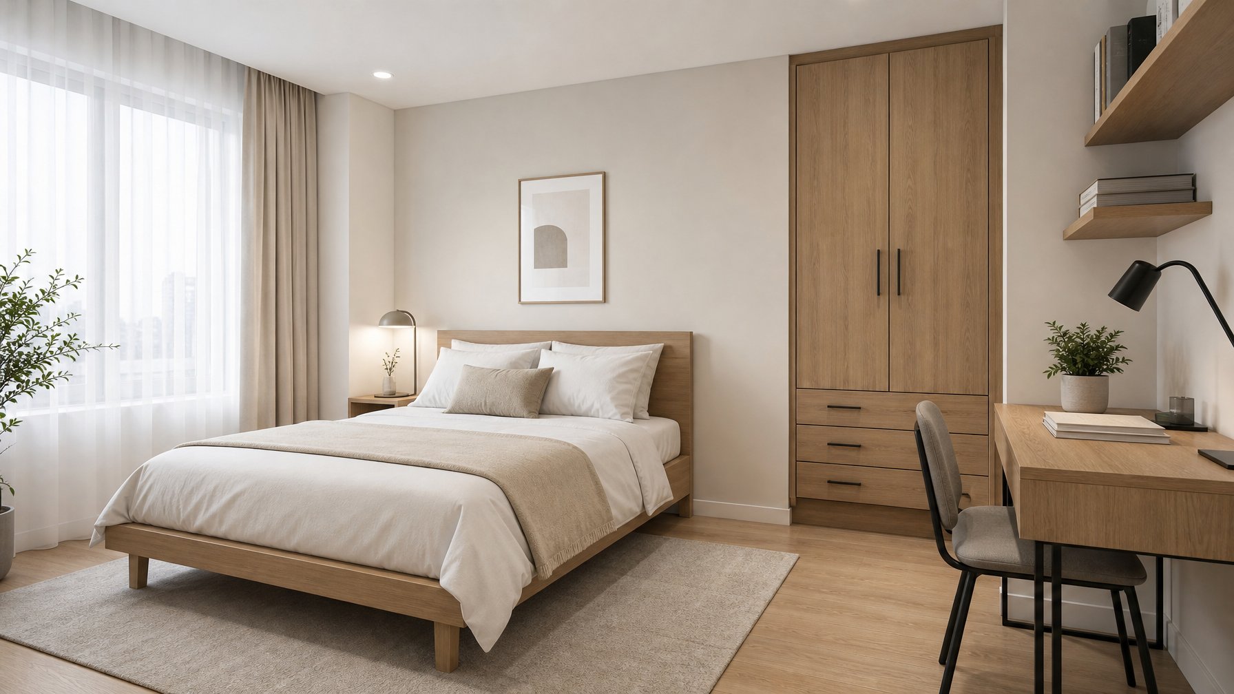 Kamar tidur dengan tempat tidur rapi, lemari kayu kecil, meja samping tempat tidur, dan jendela besar yang menerangi ruangan.