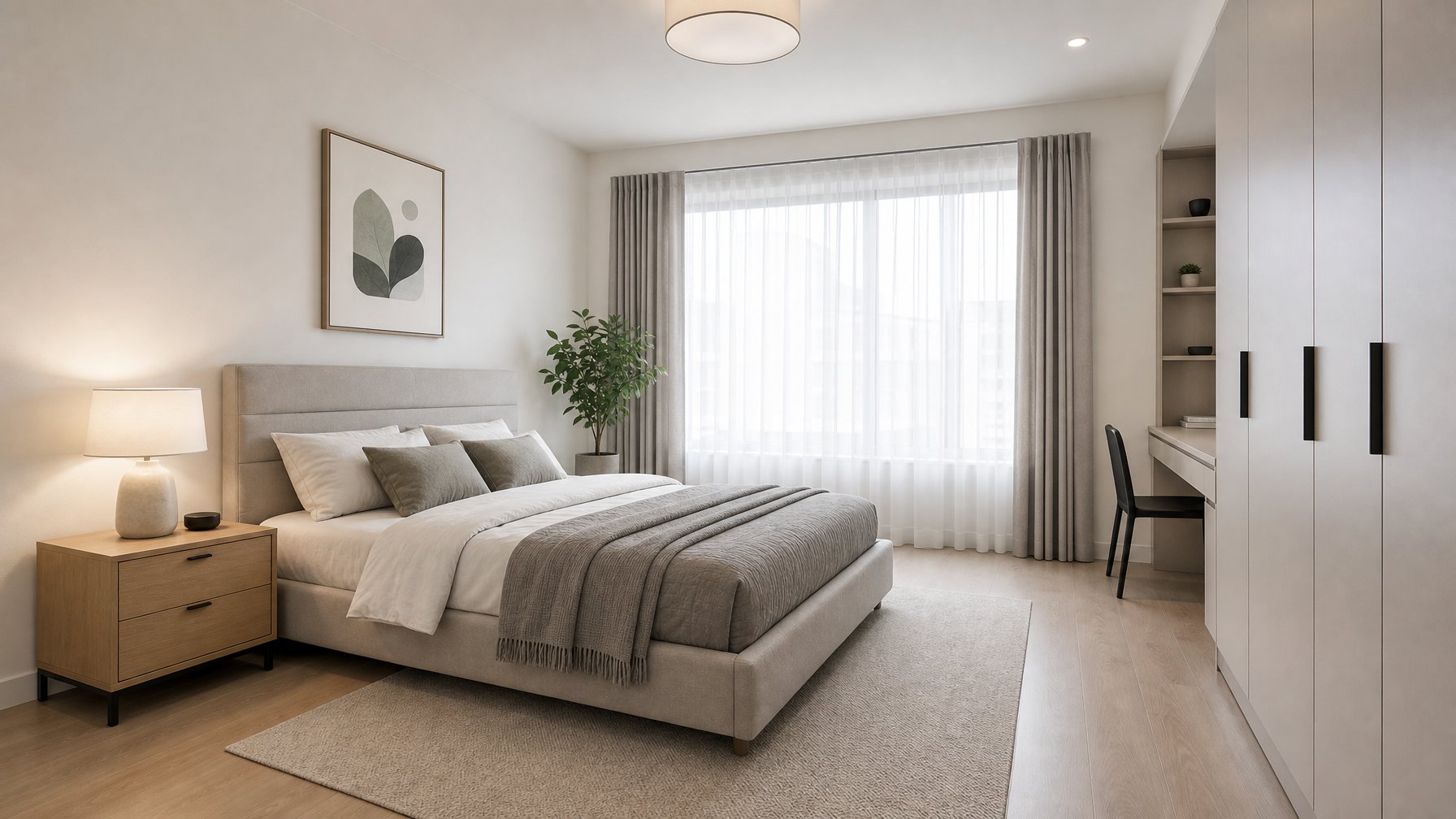 Sebuah kamar tidur rapi dengan tempat tidur, meja samping tempat tidur, dan lemari pakaian di dalam ruangan yang terang.