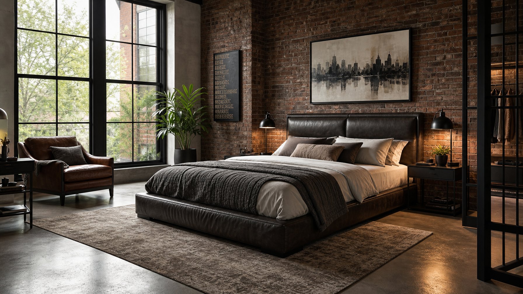 Sebuah kamar tidur dengan tempat tidur besar, dinding bata terbuka, jendela besar, dan dekorasi yang rapi serta pencahayaan alami.