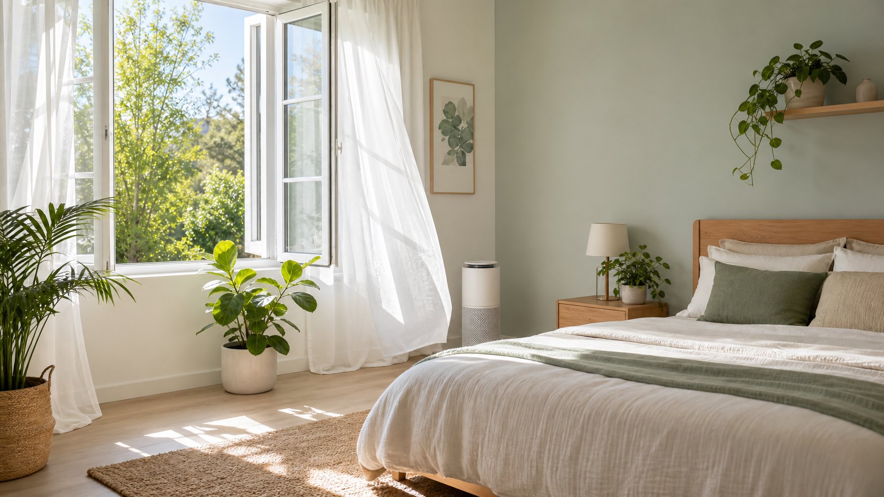 Kamar tidur modern dengan jendela besar terbuka, tanaman hijau, dan tempat tidur rapi yang menunjukkan sirkulasi udara yang baik.