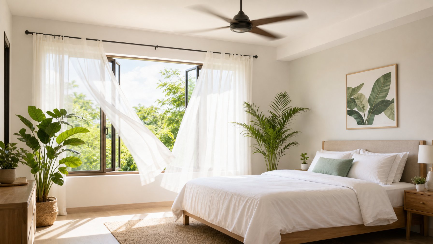 Kamar tidur yang terang dengan jendela terbuka, tirai tipis yang berkibar, kipas angin di langit-langit, dan tanaman hijau di dekat jendela.