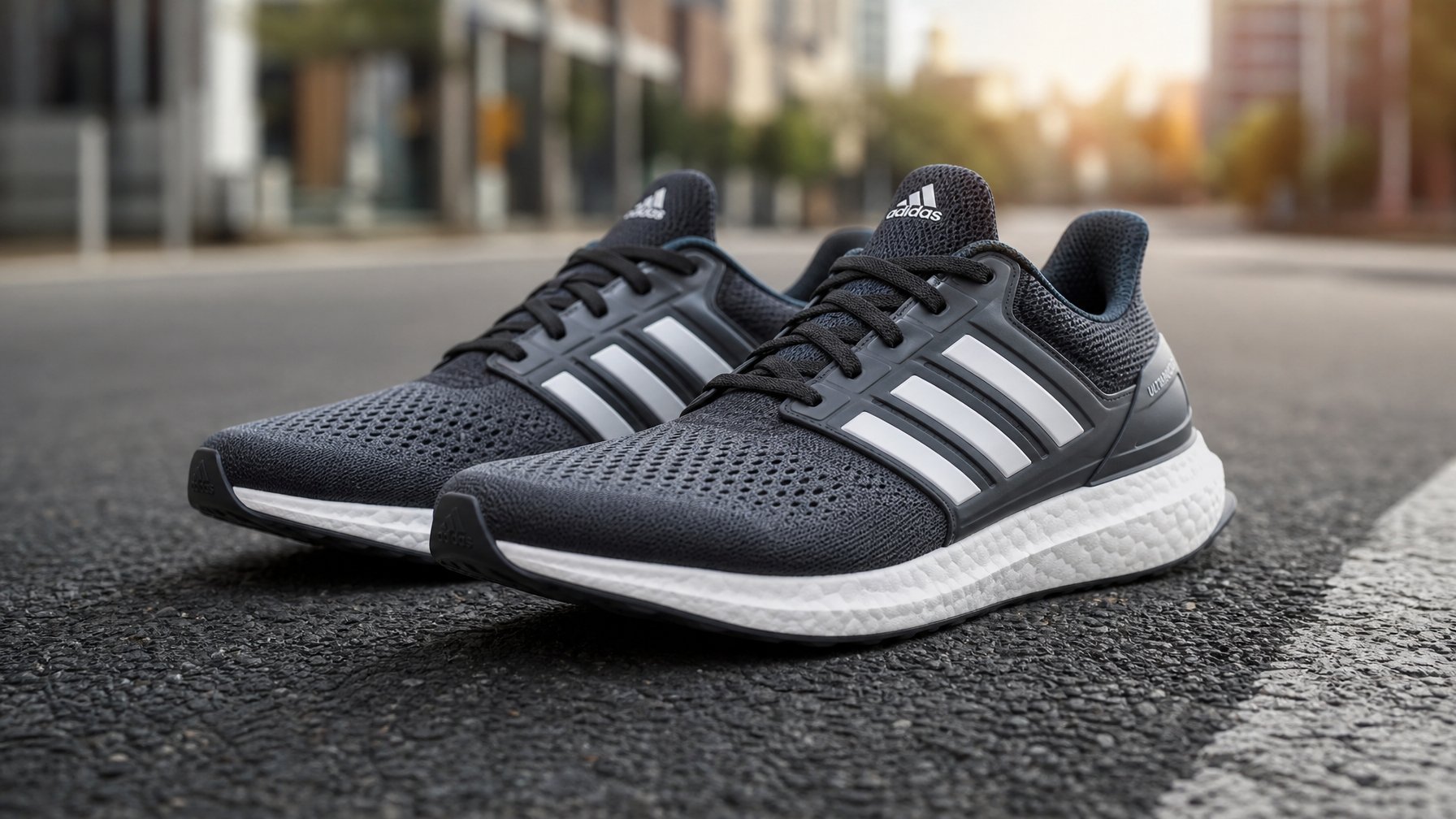 Sepasang sepatu lari Adidas pria diletakkan di atas jalan aspal.