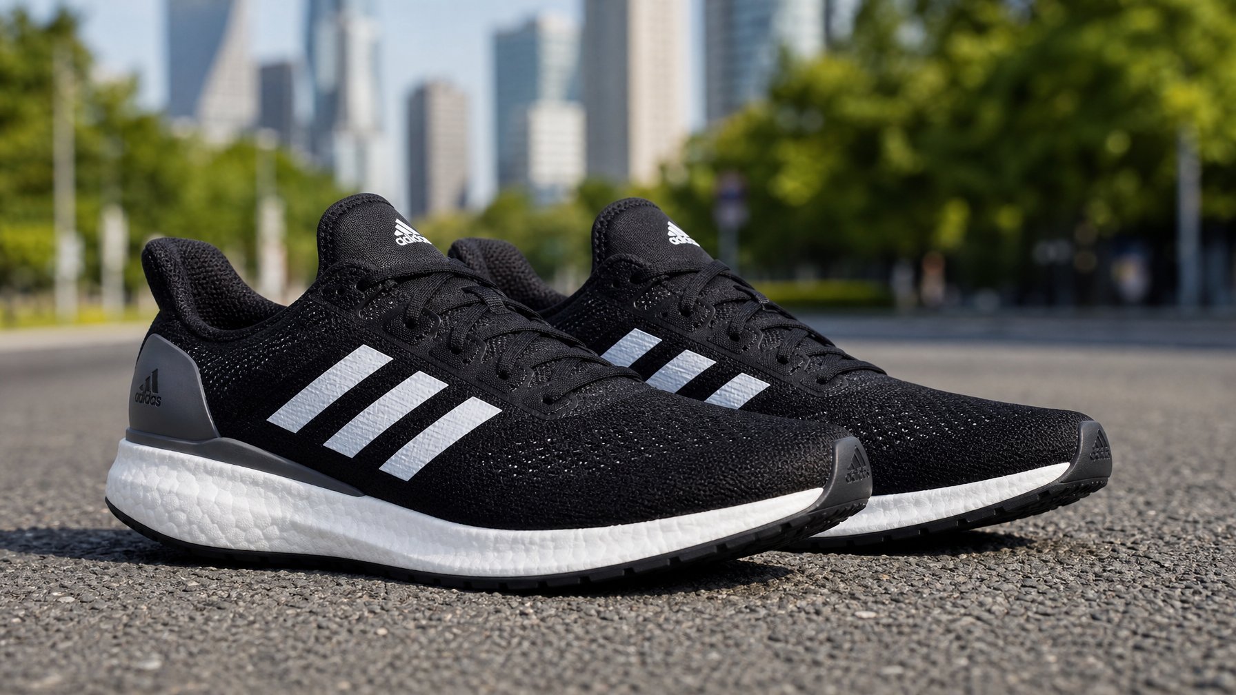 Sepatu lari Adidas pria diletakkan di jalan aspal dengan latar belakang kota dan pepohonan.
