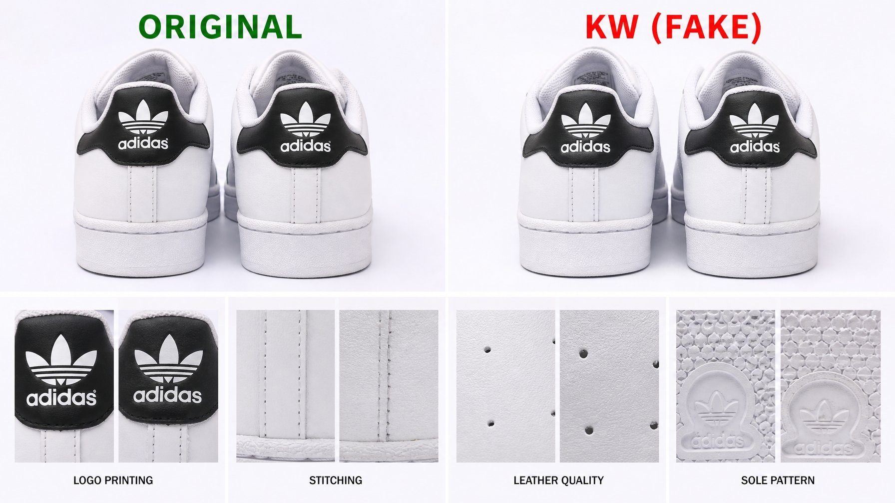 Dua pasang sepatu Adidas diletakkan berdampingan untuk menunjukkan perbedaan antara sepatu asli dan palsu.