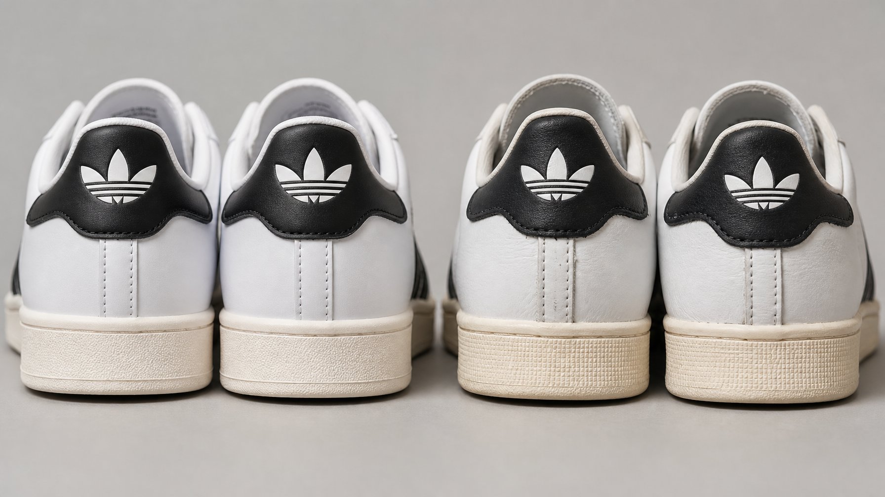 Perbandingan dekat dua pasang sepatu Adidas, satu asli dan satu palsu, diletakkan berdampingan untuk menunjukkan perbedaan fisik.