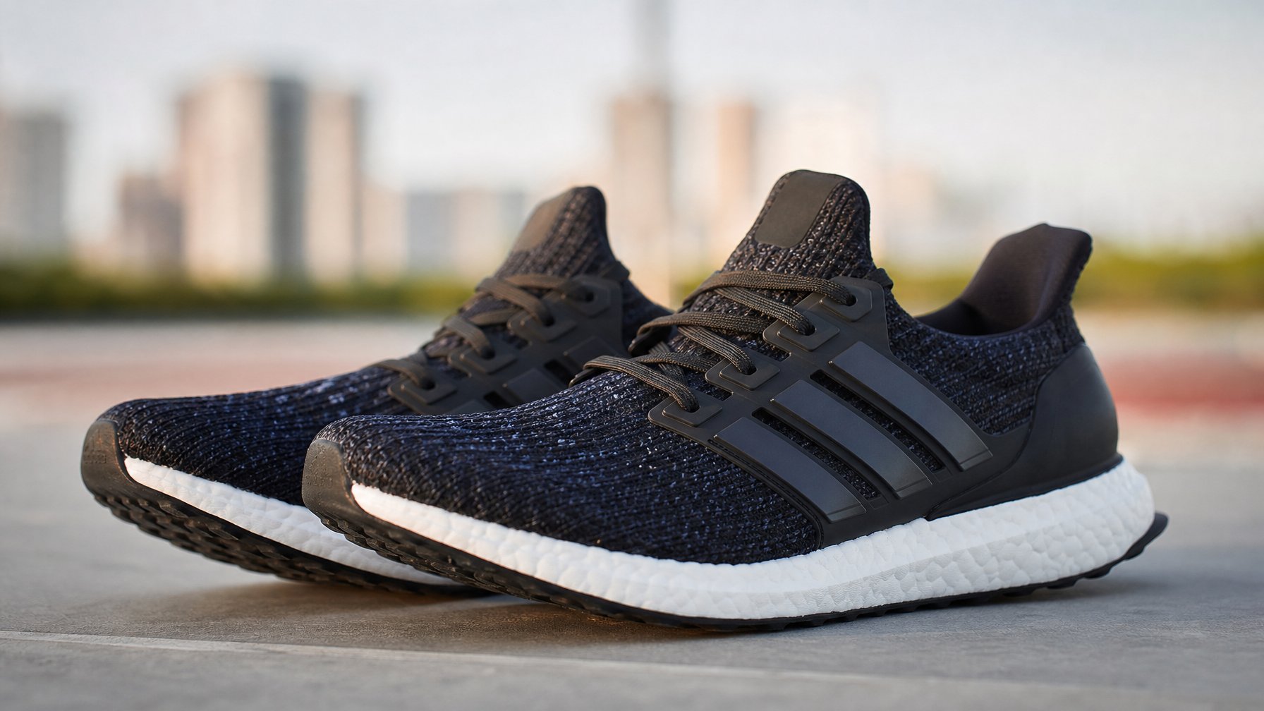Sepasang sepatu Adidas Ultraboost diletakkan di permukaan bersih dengan latar belakang samar yang menunjukkan suasana aktivitas sehari-hari.