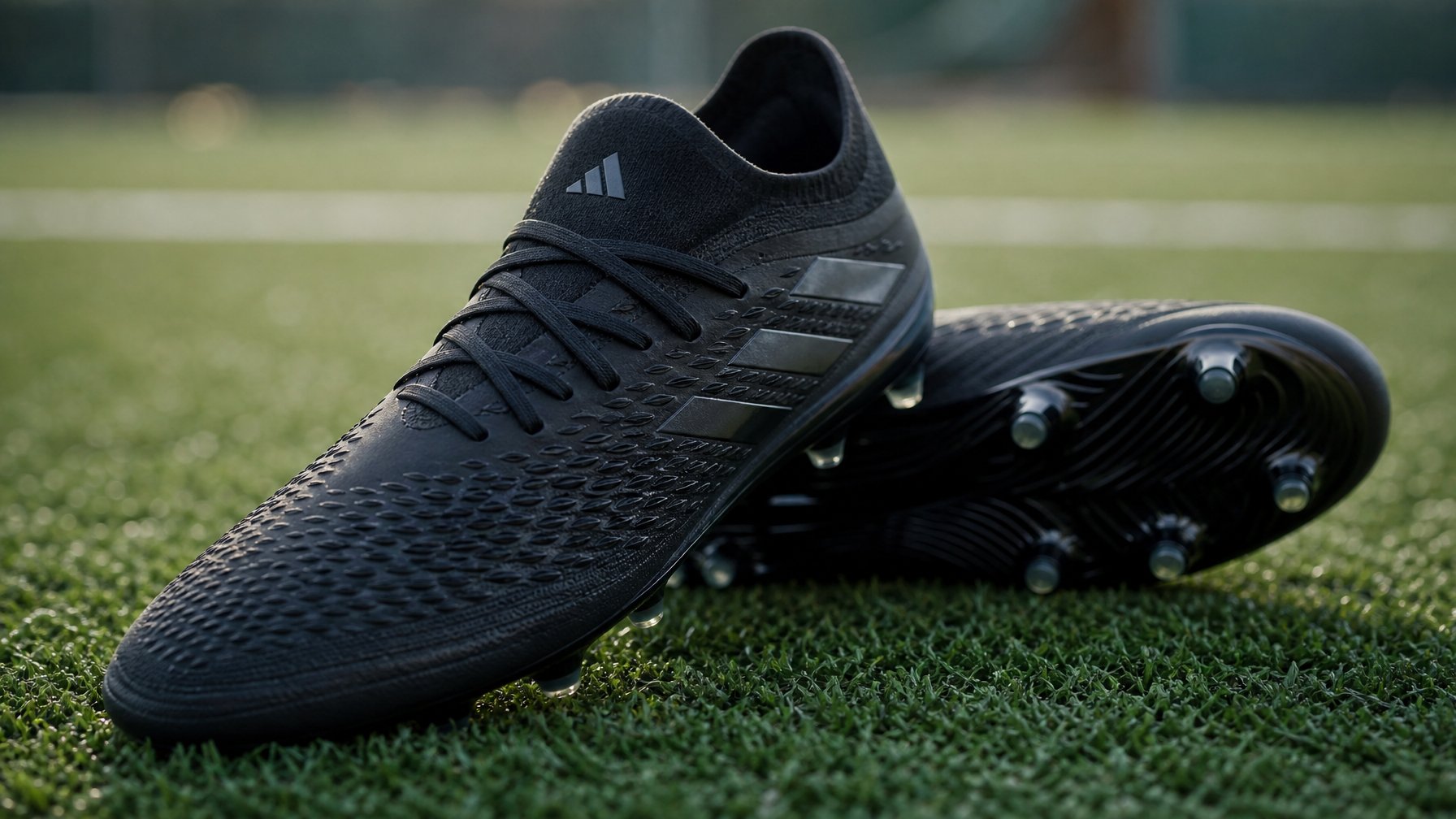 Sepasang sepatu bola Adidas diletakkan di atas lapangan rumput sintetis hijau.