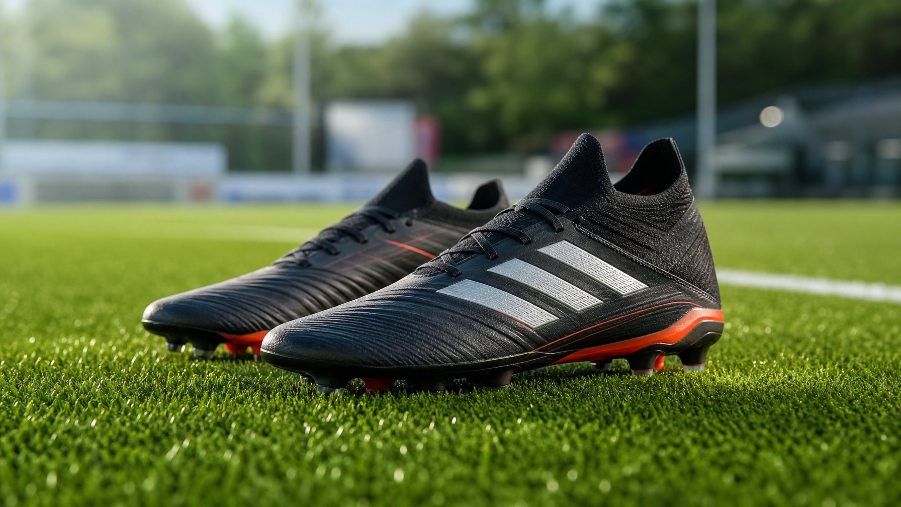 Sepasang sepatu bola Adidas di atas rumput sintetis dengan latar belakang lapangan sepak bola.