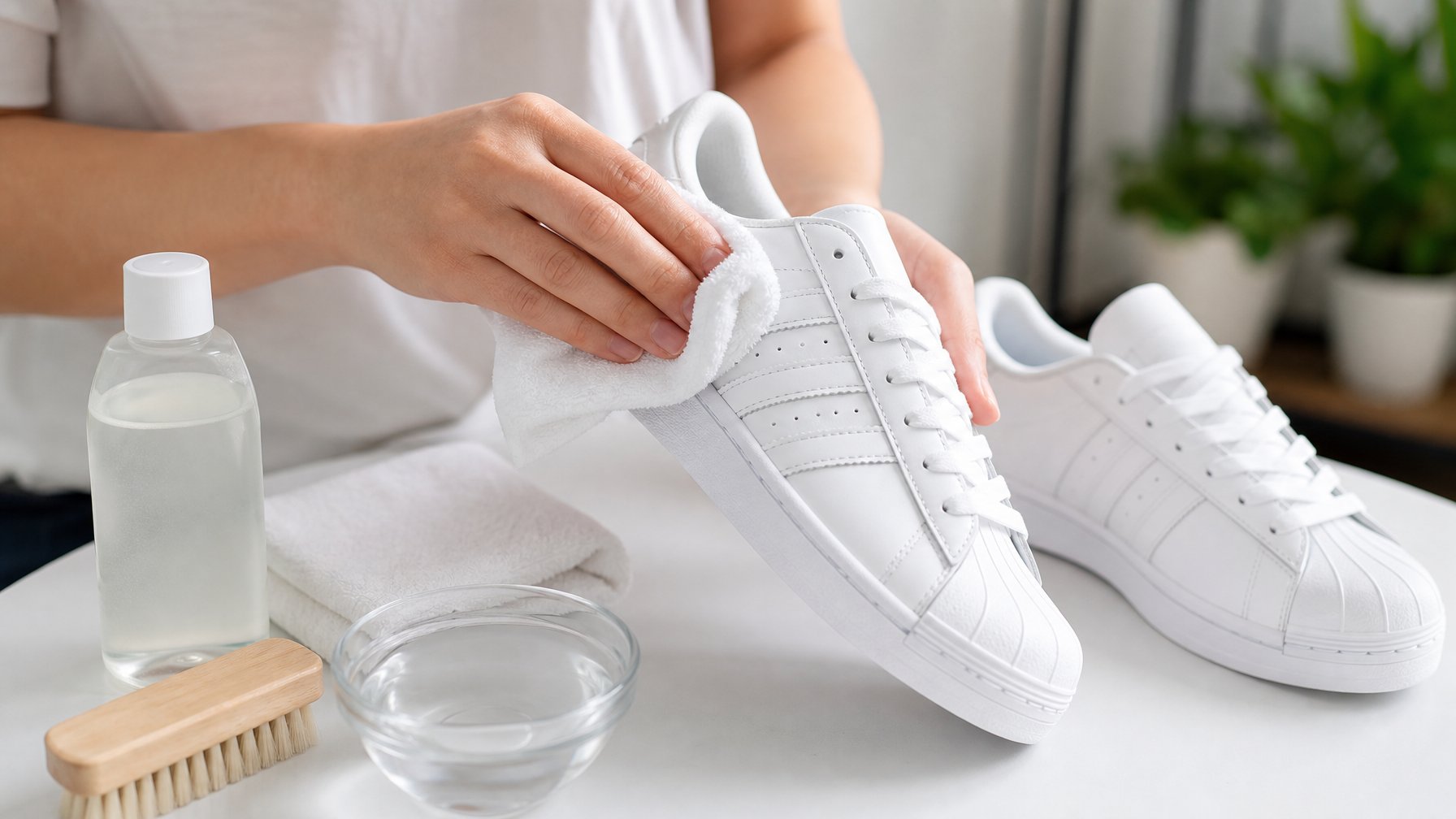Sepasang sepatu Adidas putih sedang dibersihkan dengan kain lembut di meja dengan perlengkapan perawatan sepatu di sekitarnya.