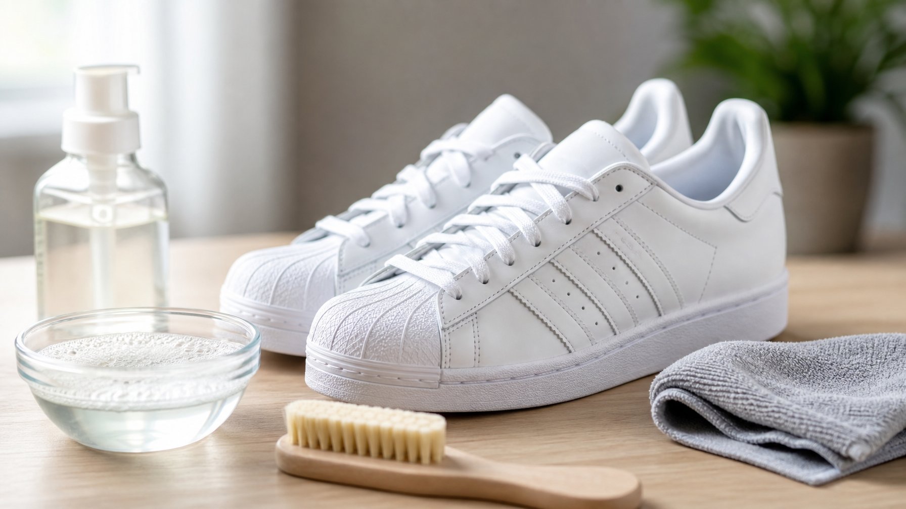 Sepasang sepatu Adidas putih bersih di atas permukaan kayu dengan alat pembersih di sekitarnya.