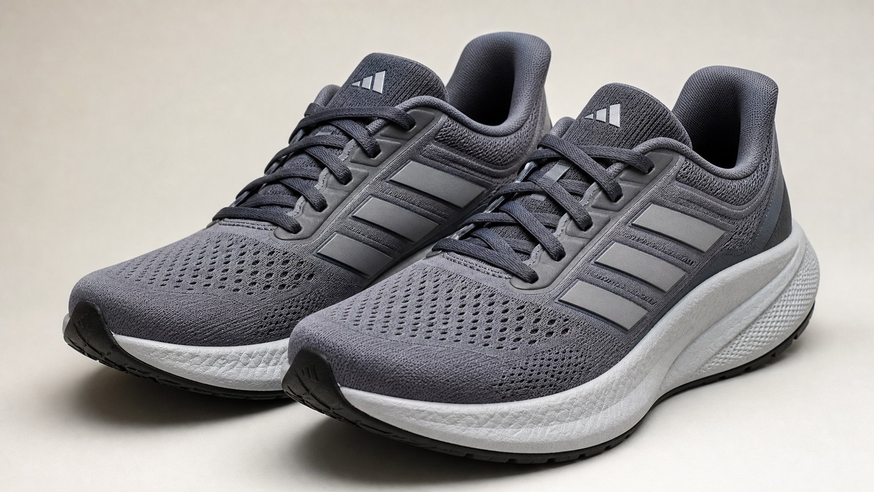 Sepasang sepatu lari Adidas untuk kaki lebar dengan bantalan empuk di latar belakang netral.