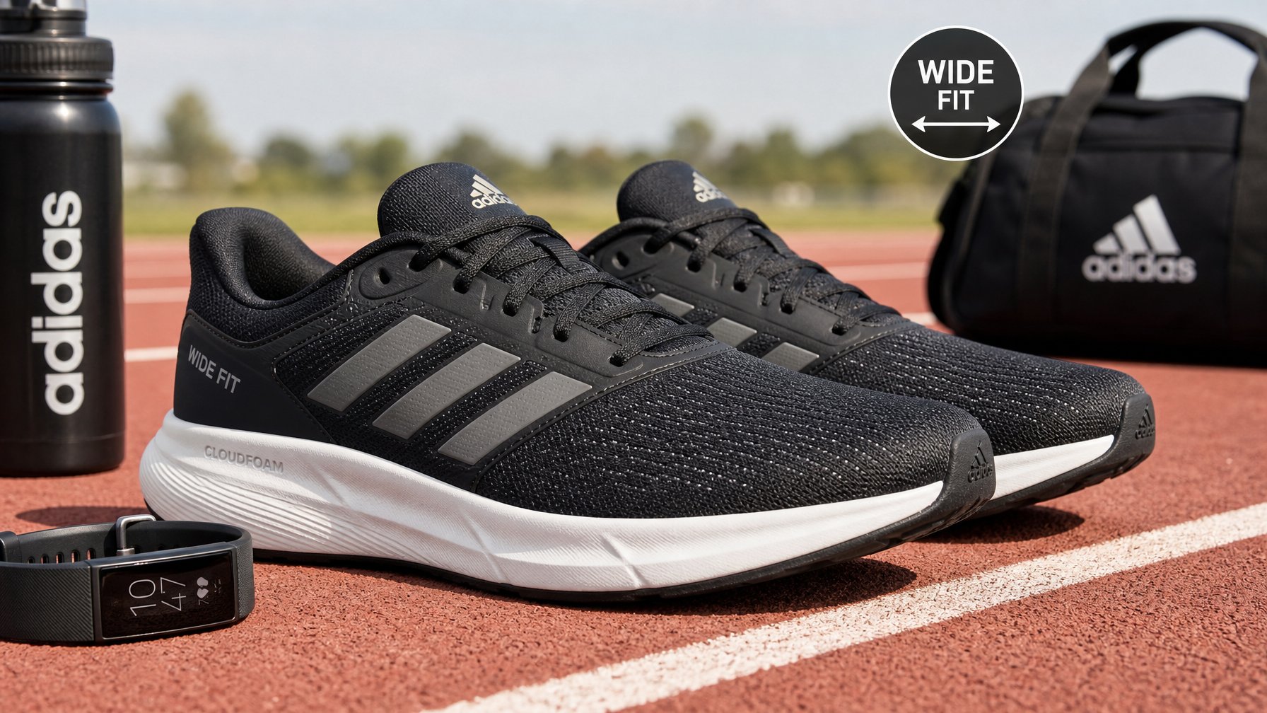 Sepasang sepatu lari Adidas untuk kaki lebar dengan bantalan empuk, diletakkan di atas permukaan yang bersih dengan beberapa perlengkapan lari di sekitar.