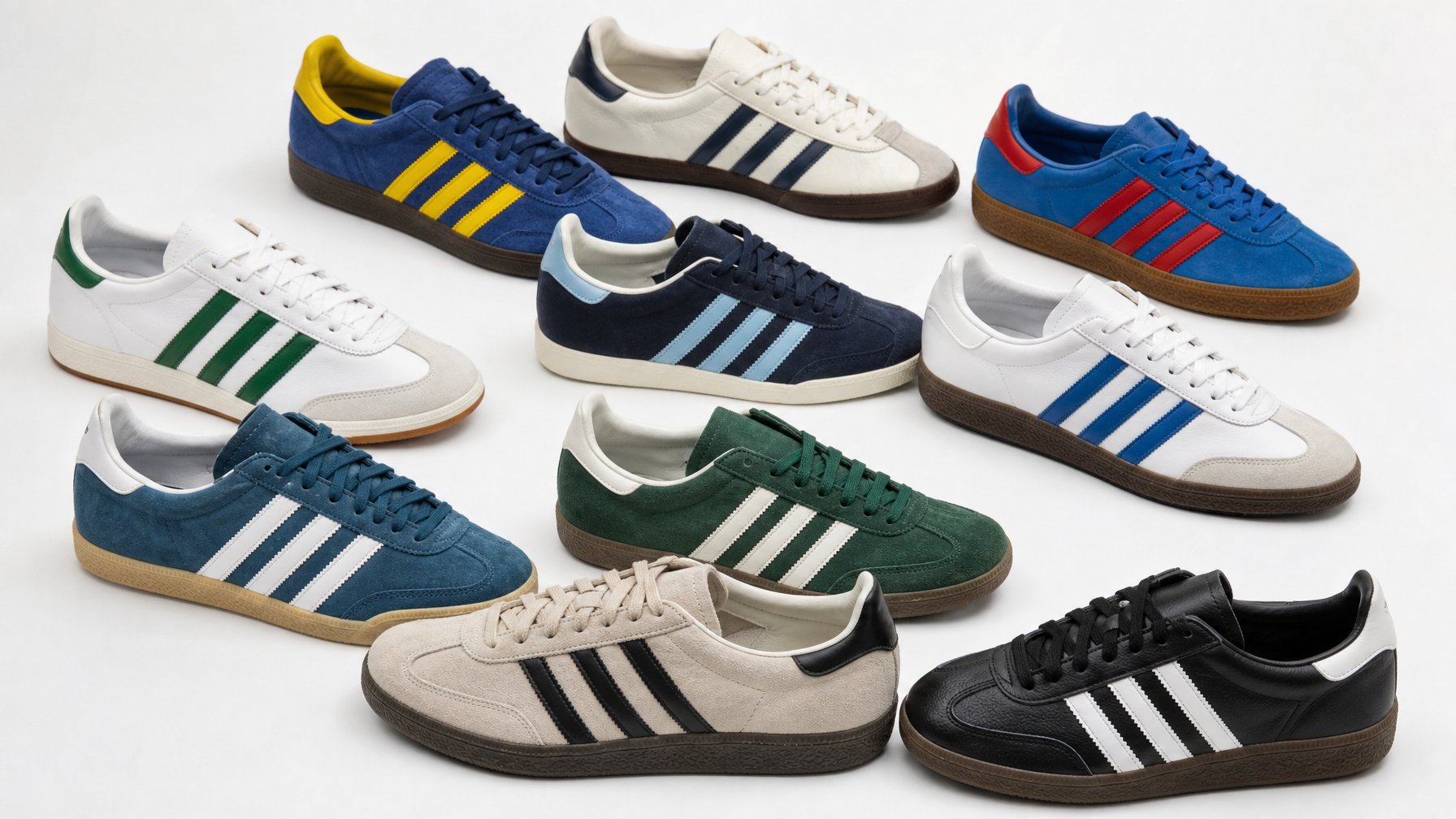 Koleksi sepatu Adidas retro klasik yang tersusun rapi di latar putih.