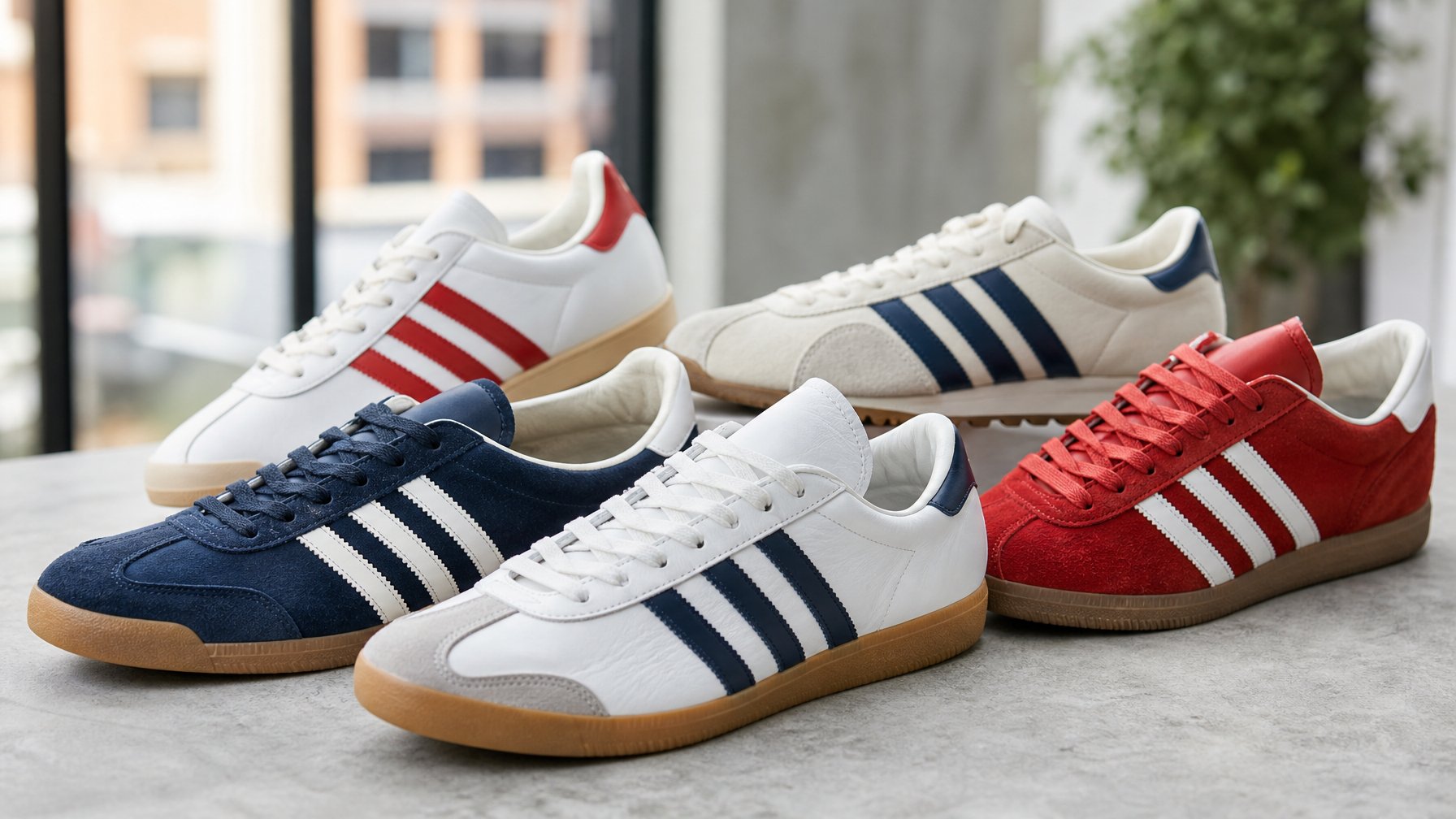 Beberapa sepatu Adidas retro klasik tersusun rapi di atas permukaan bersih dengan pencahayaan alami.