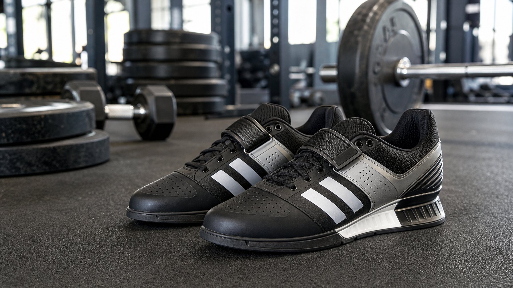 Sepasang sepatu Adidas di lantai gym dengan peralatan angkat beban di latar belakang.