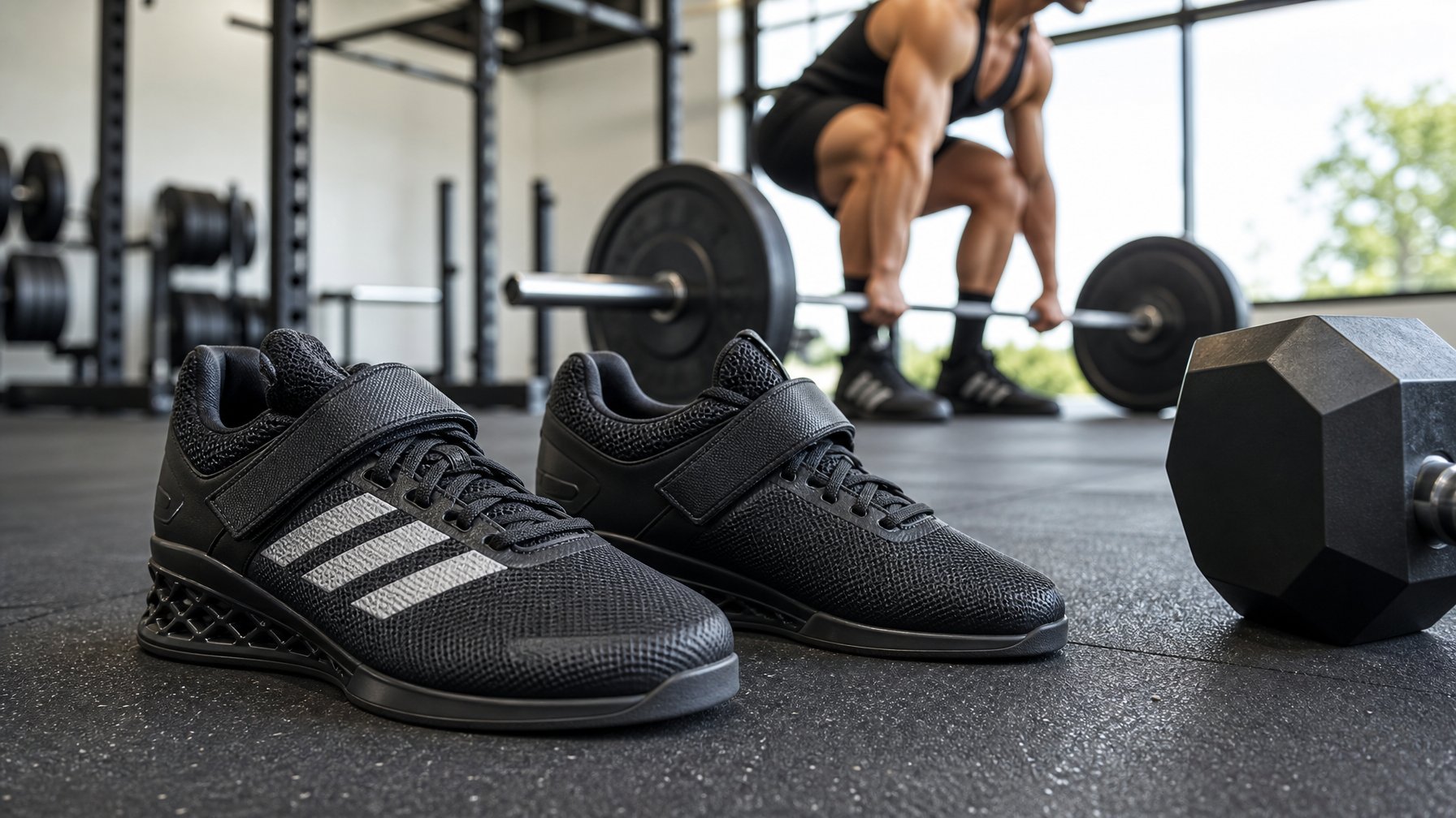 Sepasang sepatu Adidas untuk gym diletakkan di lantai gym dekat alat angkat beban dengan seorang atlet mengangkat beban di latar belakang.