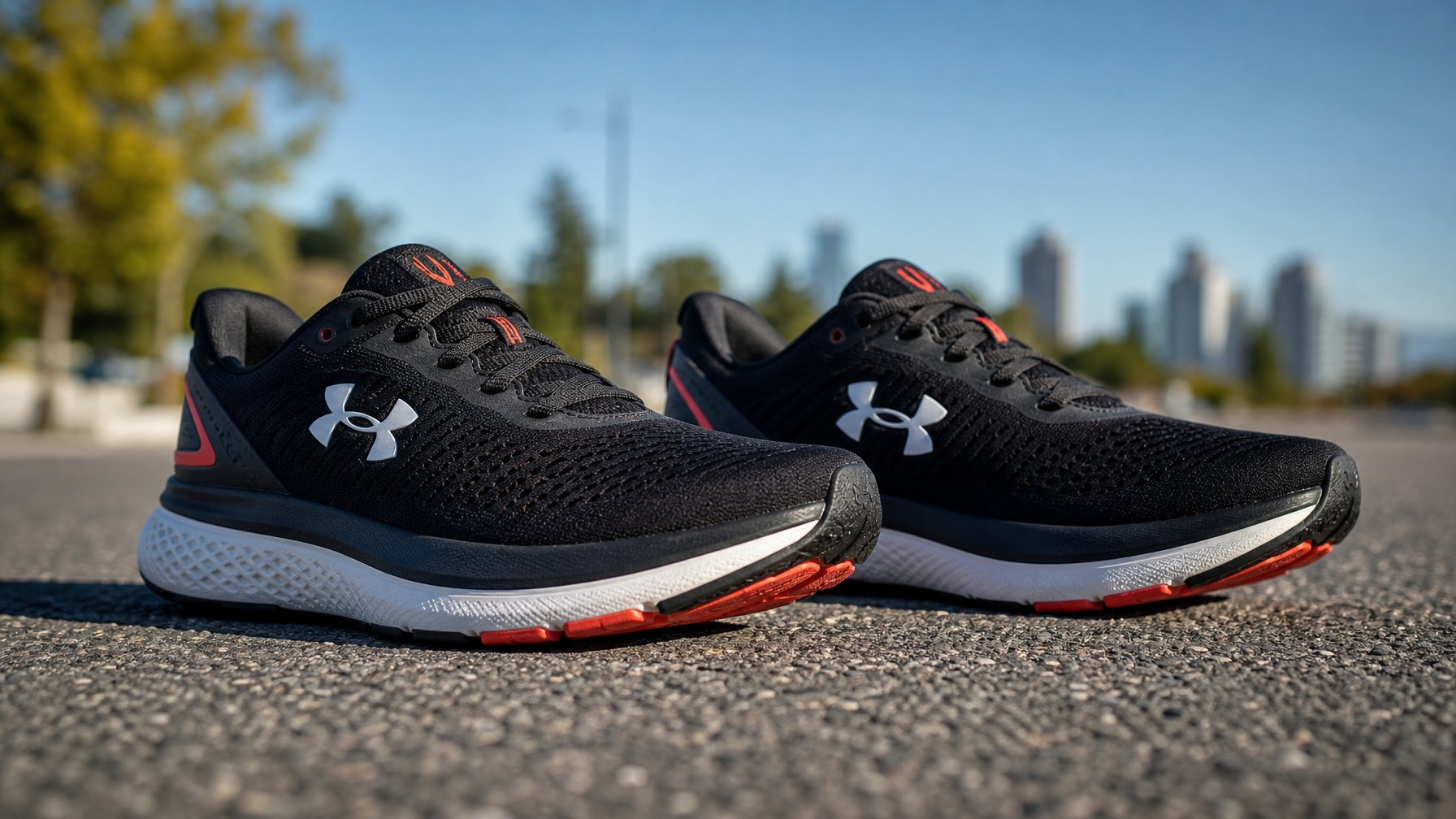 Sepasang sepatu lari pria Under Armour di atas jalan aspal dengan latar belakang perkotaan yang samar.