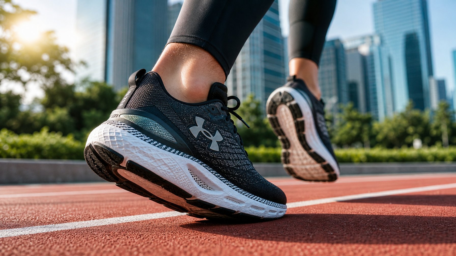 Sepasang kaki pelari memakai sepatu lari Under Armour HOVR sedang berlari di lintasan kota.