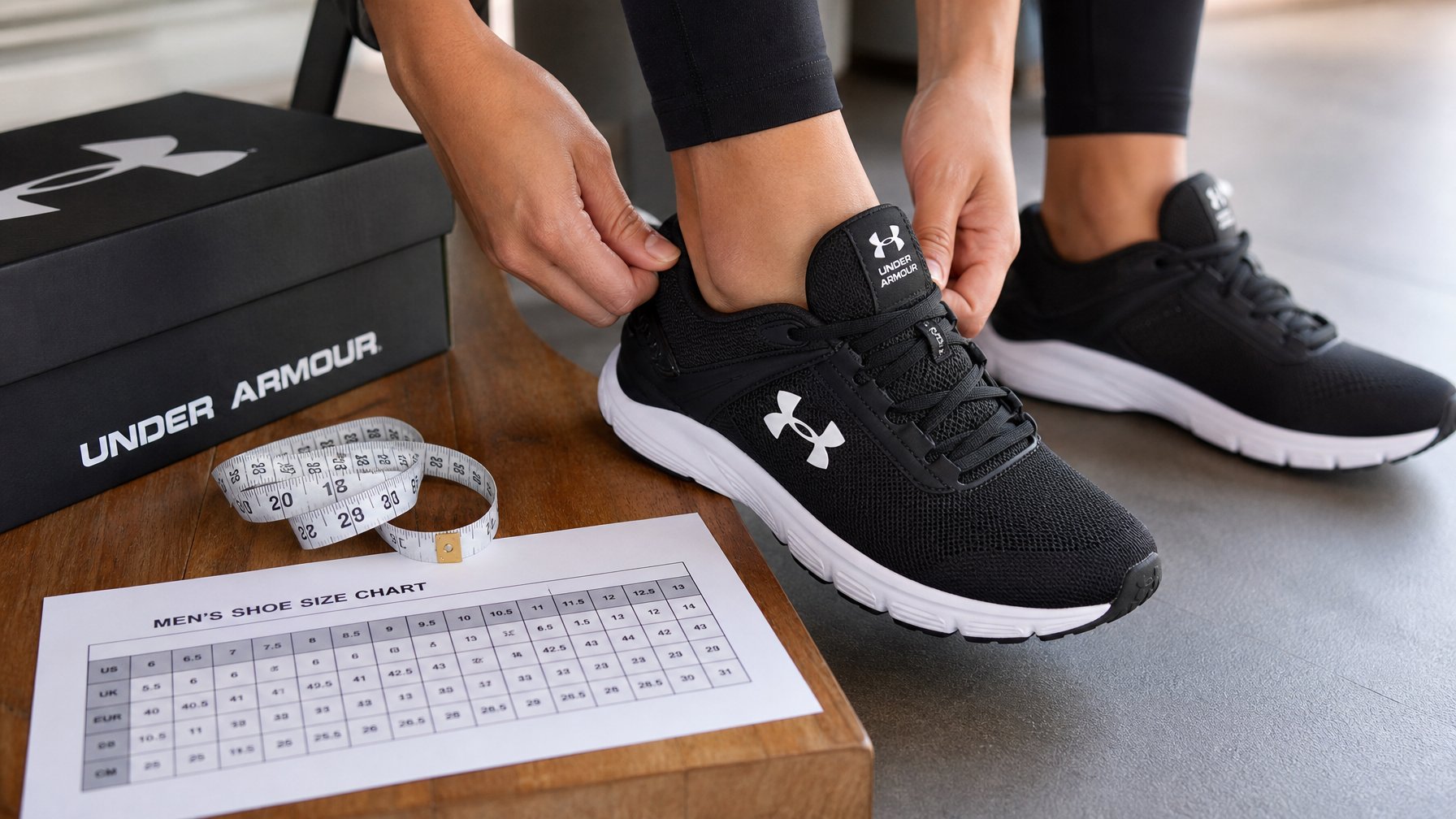 Seseorang sedang mencoba sepatu Under Armour dengan hati-hati di dalam ruangan, memastikan ukuran yang tepat agar tidak lecet.