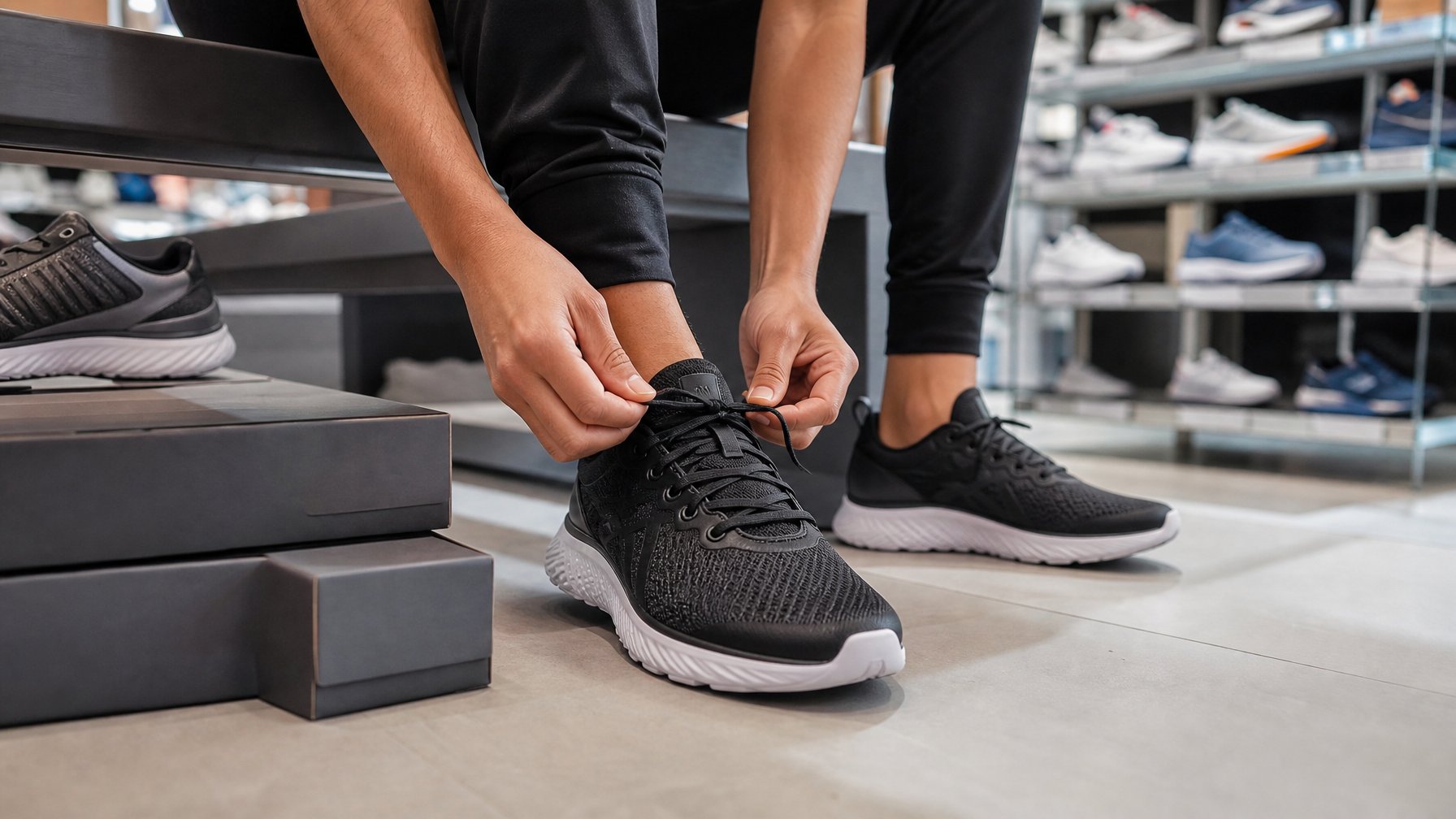 Seseorang sedang mencoba sepatu Under Armour di toko olahraga yang terang dan modern.