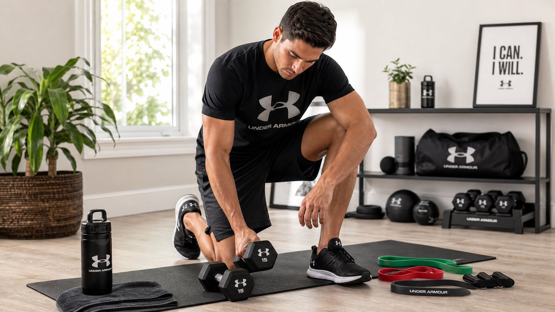Seseorang sedang menyiapkan perlengkapan latihan beban Under Armour di sudut ruang latihan di rumah.