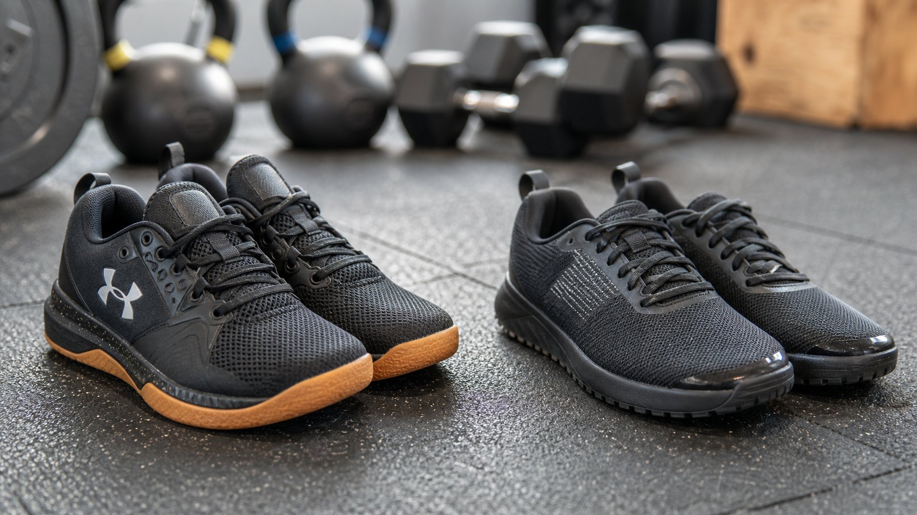 Dua pasang sepatu Crossfit diletakkan berdampingan di lantai gym dengan peralatan olahraga di latar belakang.