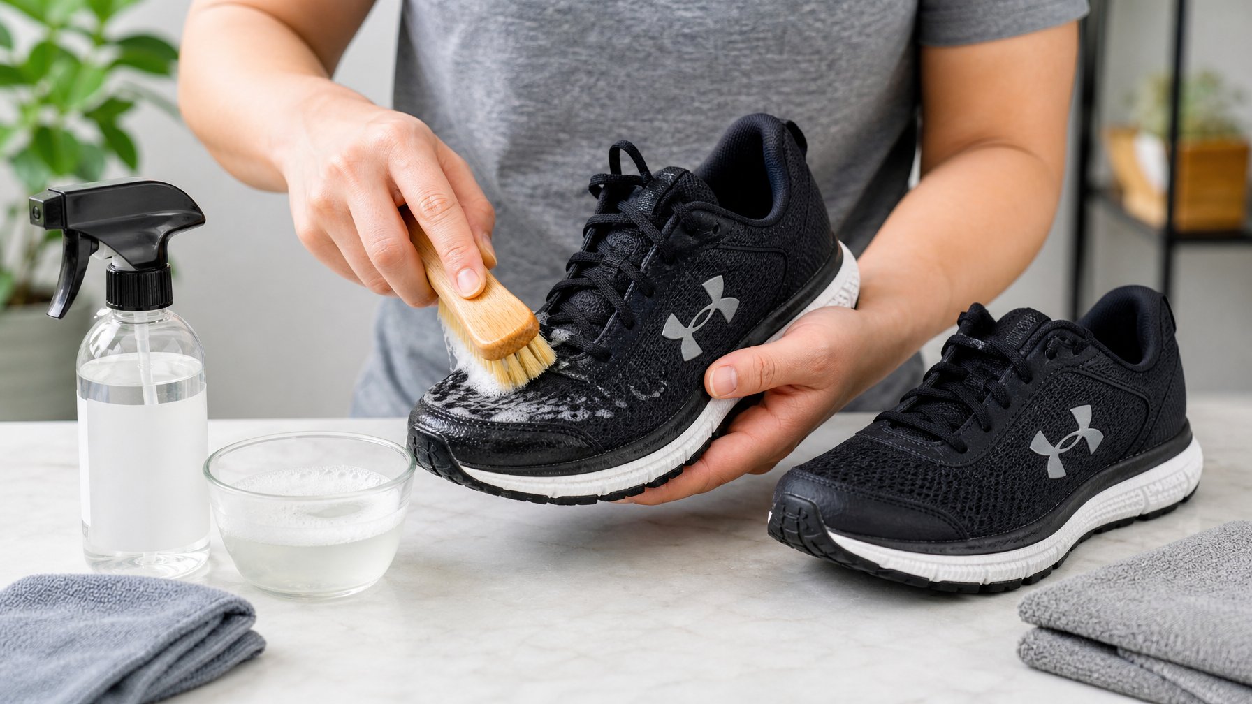 Seseorang sedang membersihkan sepatu lari Under Armour dengan sikat dan sabun di lingkungan yang bersih.