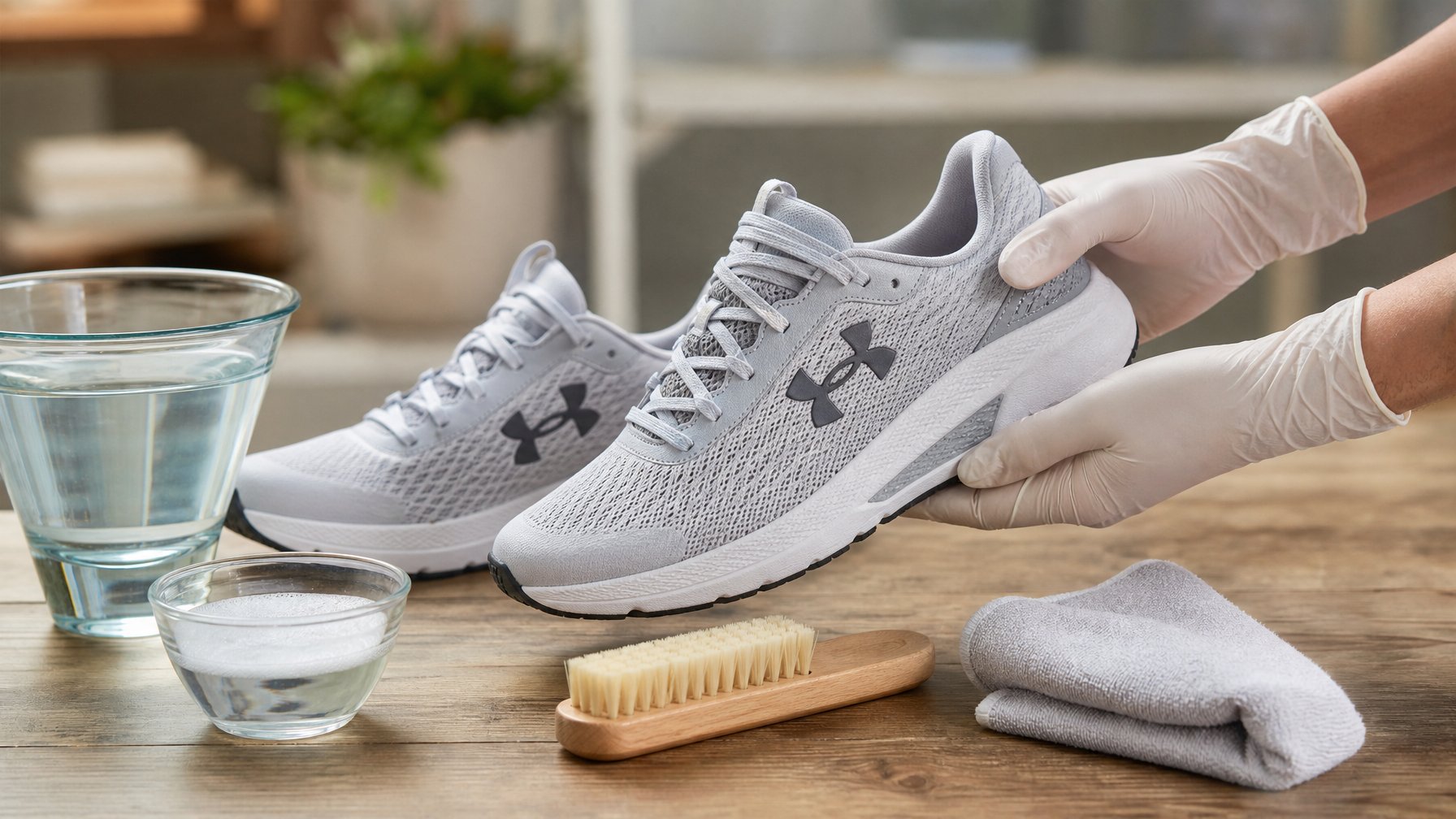 Seseorang sedang menyiapkan sepatu lari Under Armour dan alat pembersih di atas meja kayu.