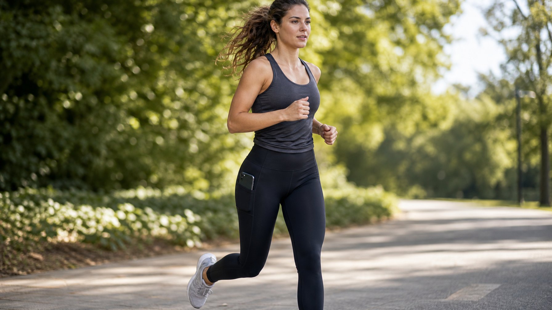 Seorang wanita sedang berlari memakai celana legging hitam dengan saku di jalur jogging di luar ruangan.