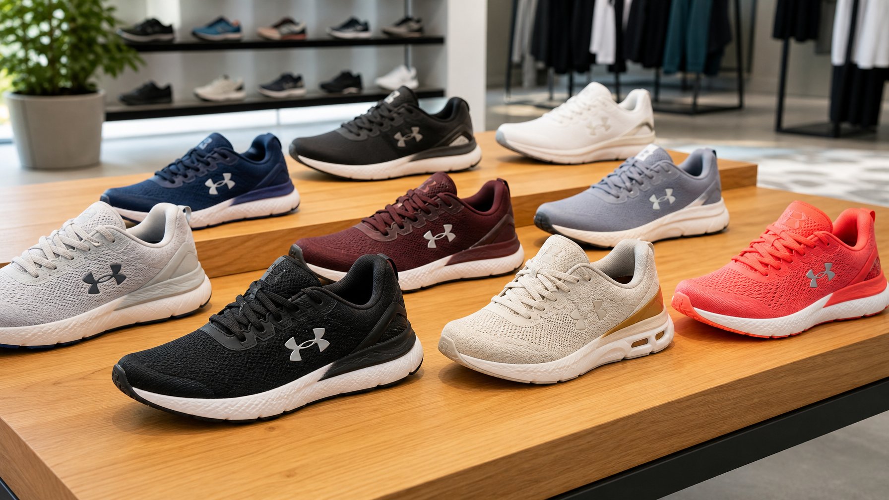 Berbagai sepatu Under Armour asli ditata rapi di atas meja pajangan di dalam toko dengan pencahayaan terang.