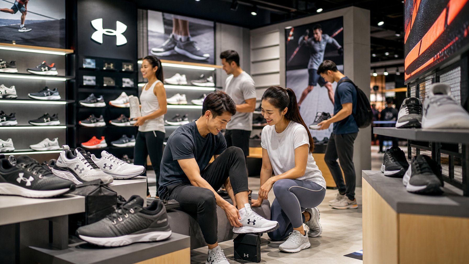 Orang-orang muda sedang memilih dan mencoba sepatu Under Armour di dalam toko sepatu yang rapi dan terang.