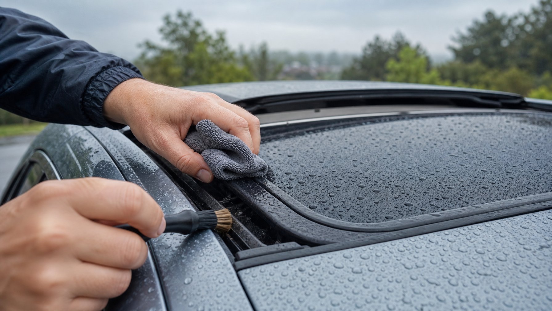 Tangan seseorang sedang membersihkan sunroof mobil yang basah karena hujan dengan latar belakang pemandangan hujan dan tanaman hijau.