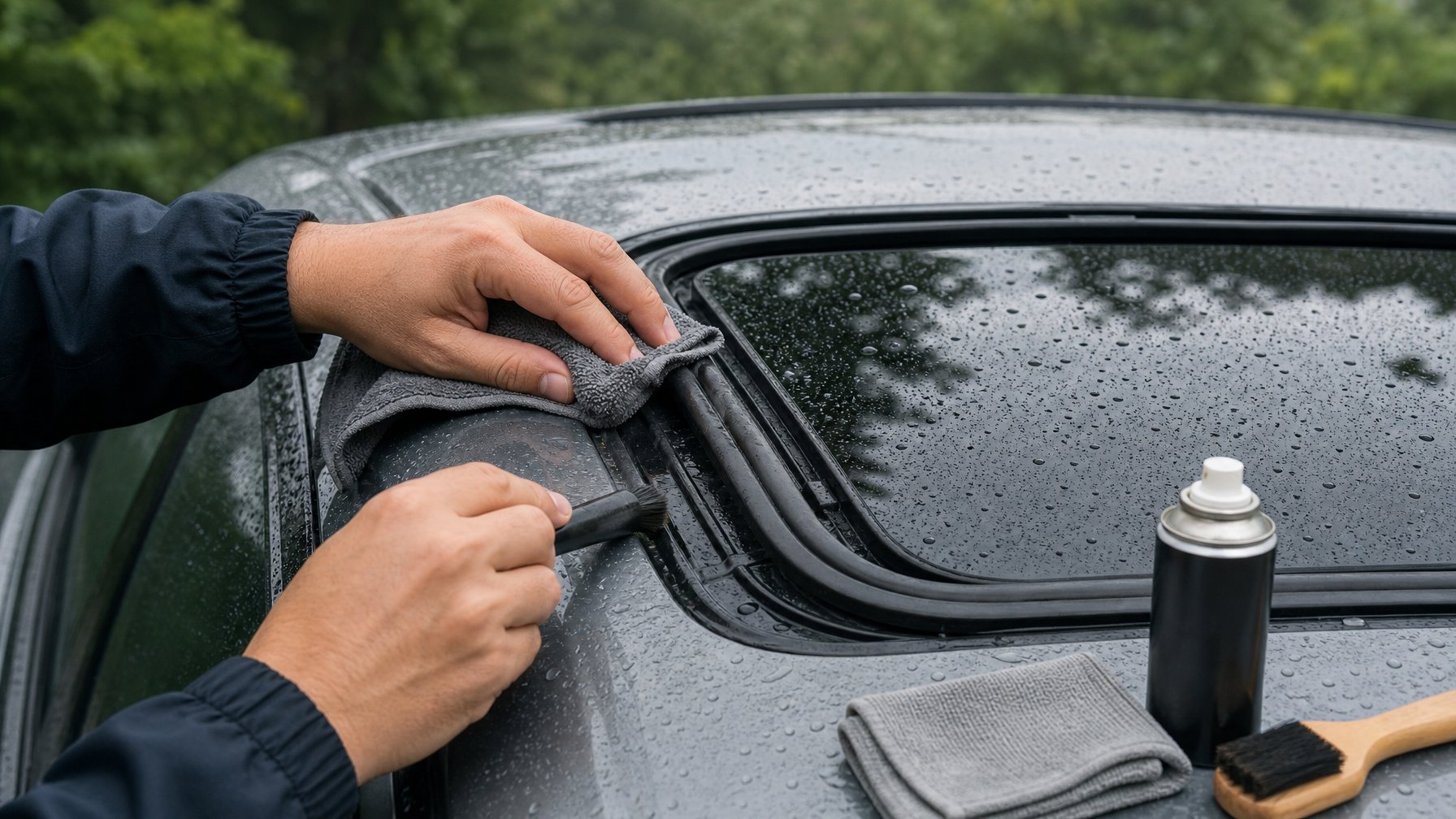 Seseorang sedang membersihkan dan memeriksa sunroof mobil untuk mencegah bocor dan macet saat musim hujan.