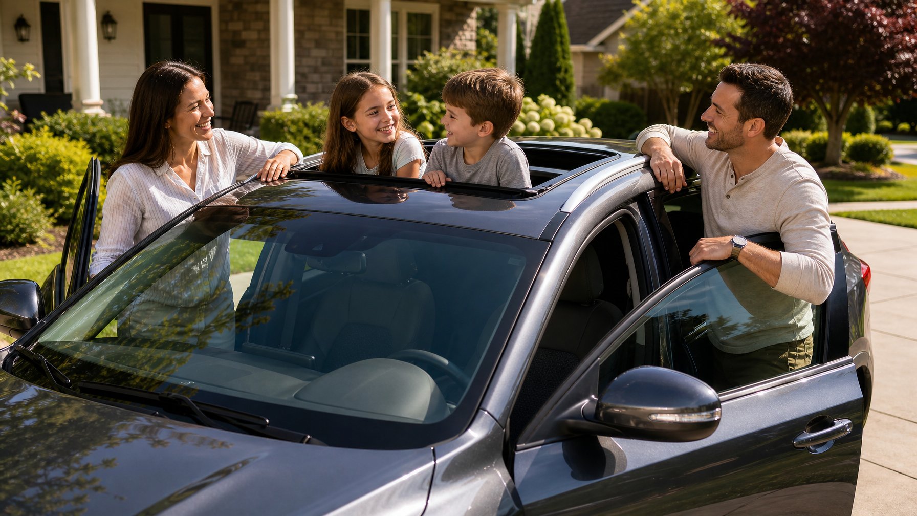 Mobil keluarga dengan sunroof aftermarket terbuka di halaman rumah, keluarga sedang berdiri dan tersenyum di sekitar mobil.