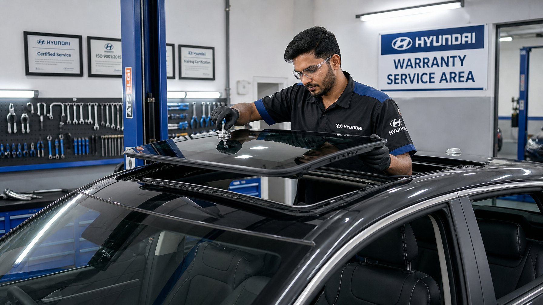 Seorang teknisi memasang sunroof mobil di bengkel resmi dengan peralatan dan lingkungan yang rapi dan aman.