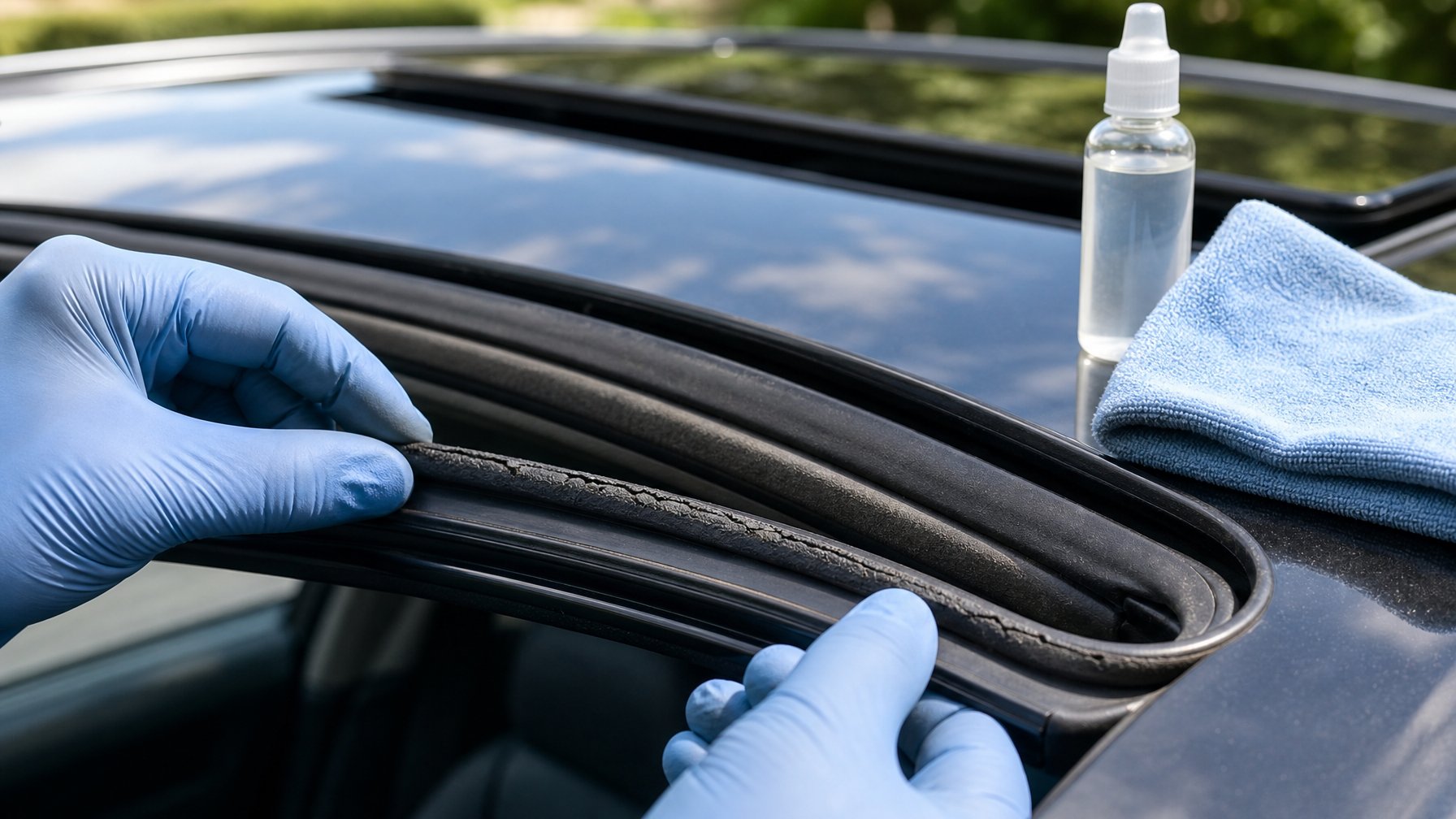 Orang memeriksa dan membersihkan karet sunroof mobil dengan sarung tangan biru, menunjukkan perawatan untuk mencegah kebocoran air.