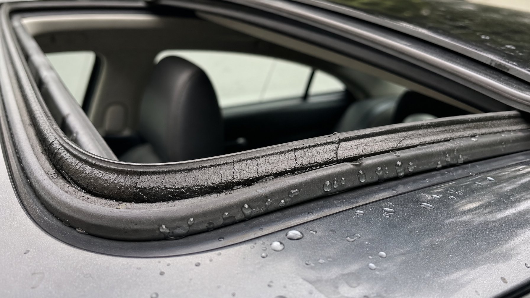 Close-up karet sunroof mobil yang retak dan basah, menunjukkan kebocoran air pada sunroof mobil.
