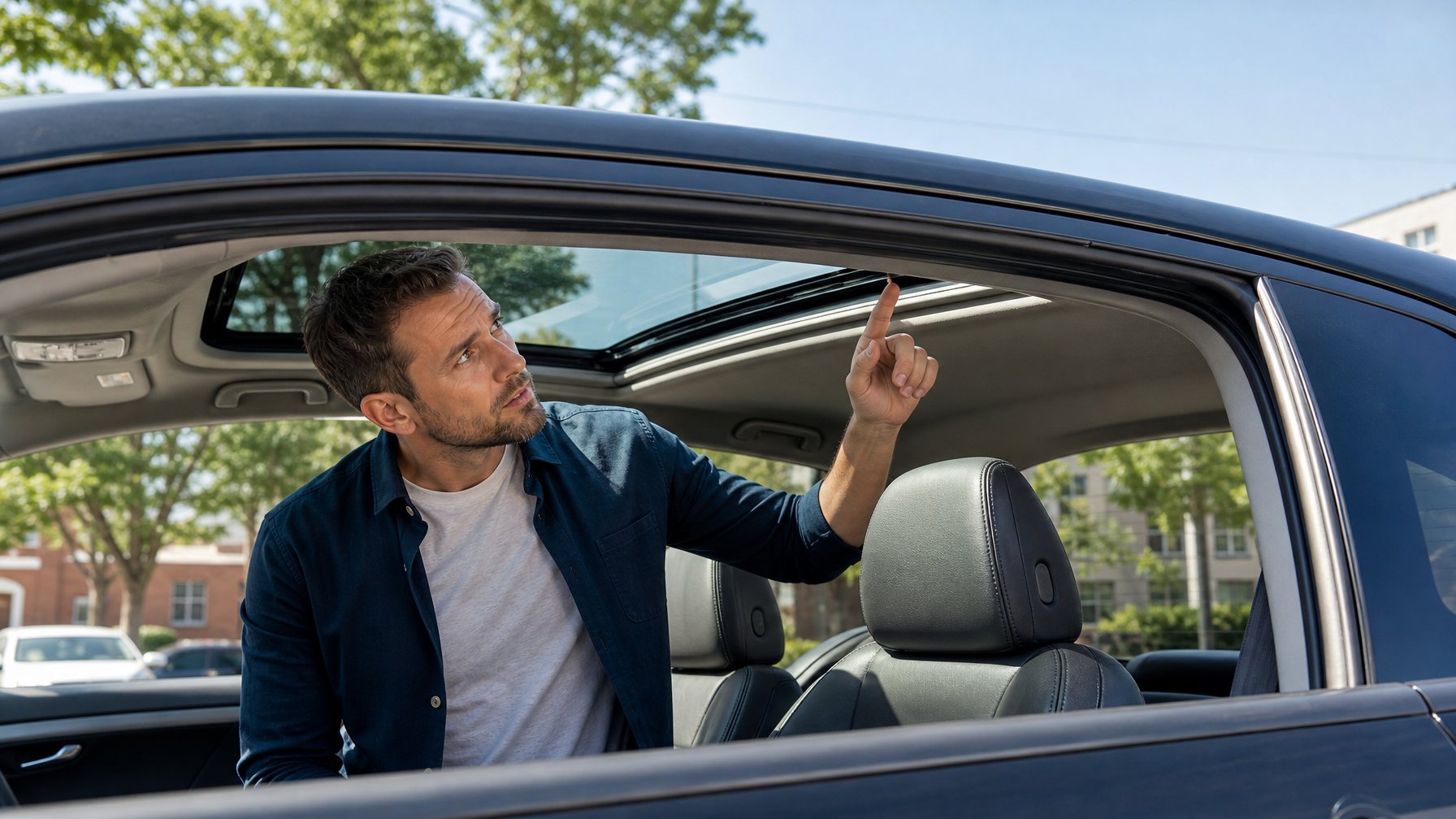 Seorang pria sedang memeriksa sunroof mobil bekas yang diparkir di luar ruangan pada hari cerah.