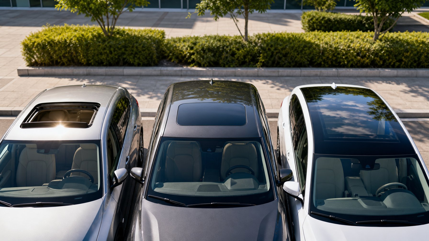 Tiga mobil modern berdampingan dengan atap sunroof terbuka, moonroof kaca sedikit gelap, dan atap panoramic besar di bawah langit biru.