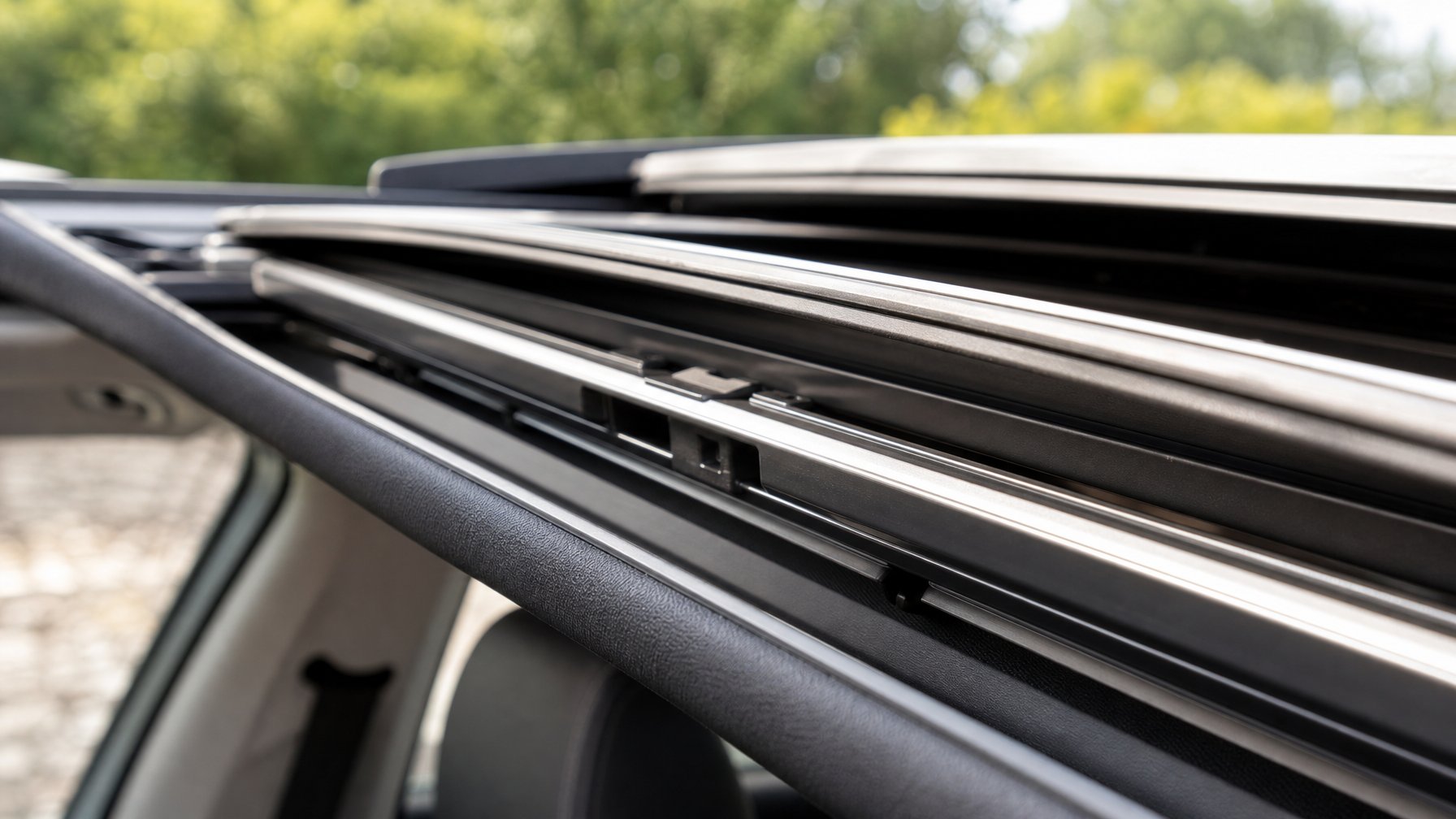 Foto close-up mekanisme rel sunroof mobil dengan sunroof terbuka sebagian.
