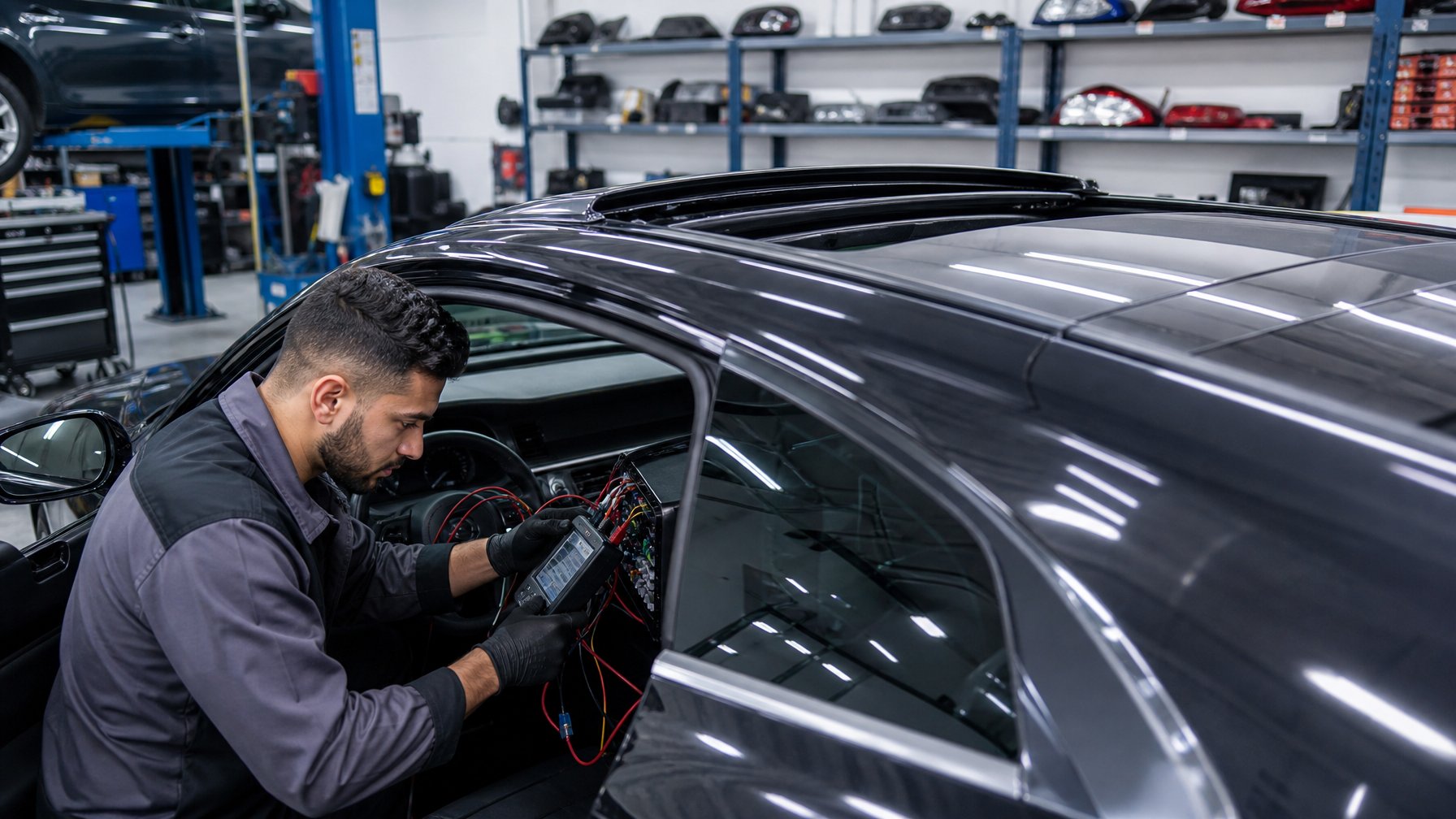 Seorang teknisi memeriksa sistem kelistrikan mobil dengan sunroof aftermarket di bengkel mobil.
