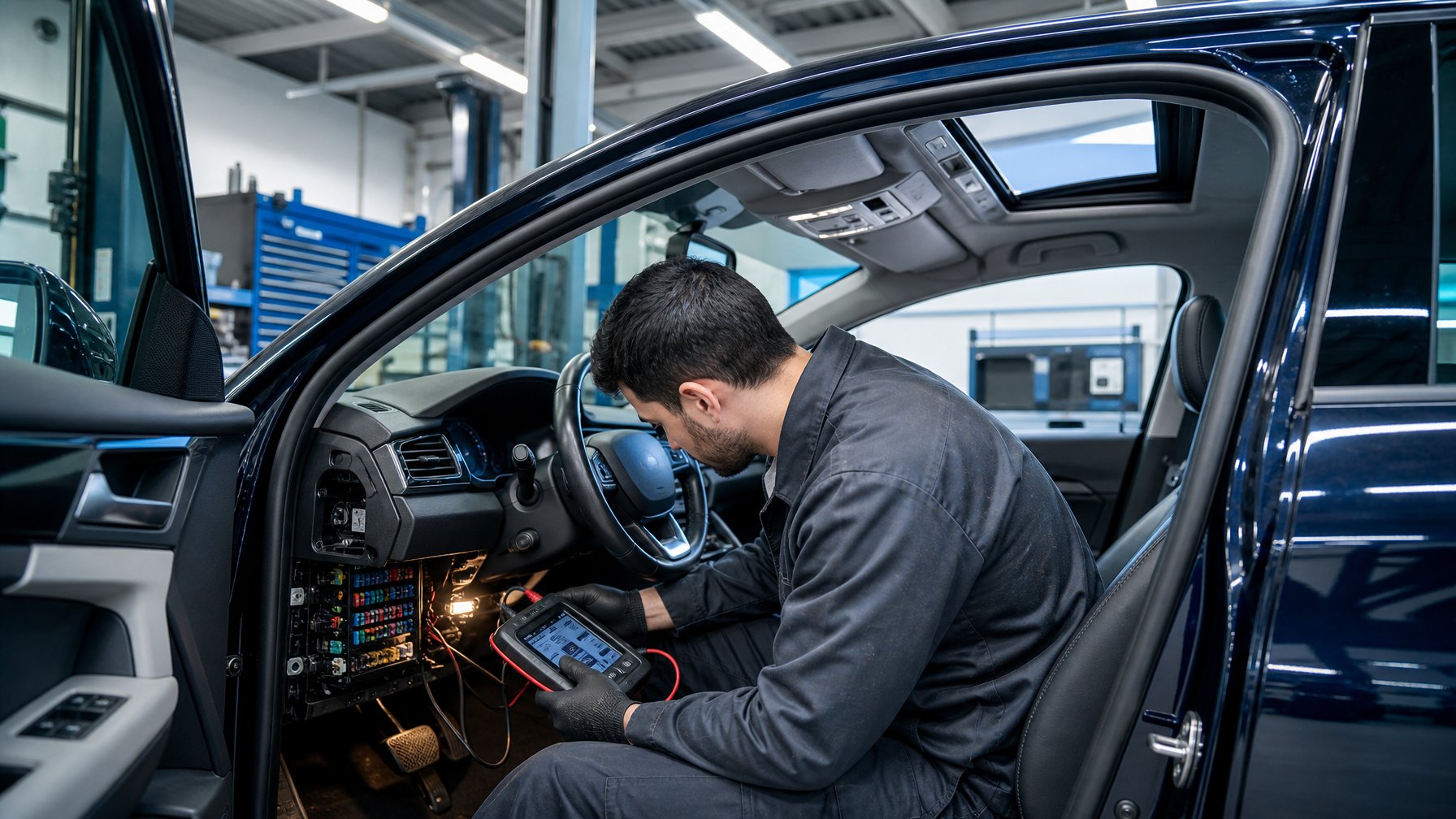 Seorang mekanik memeriksa sistem kelistrikan mobil dengan sunroof terbuka di bengkel otomotif.