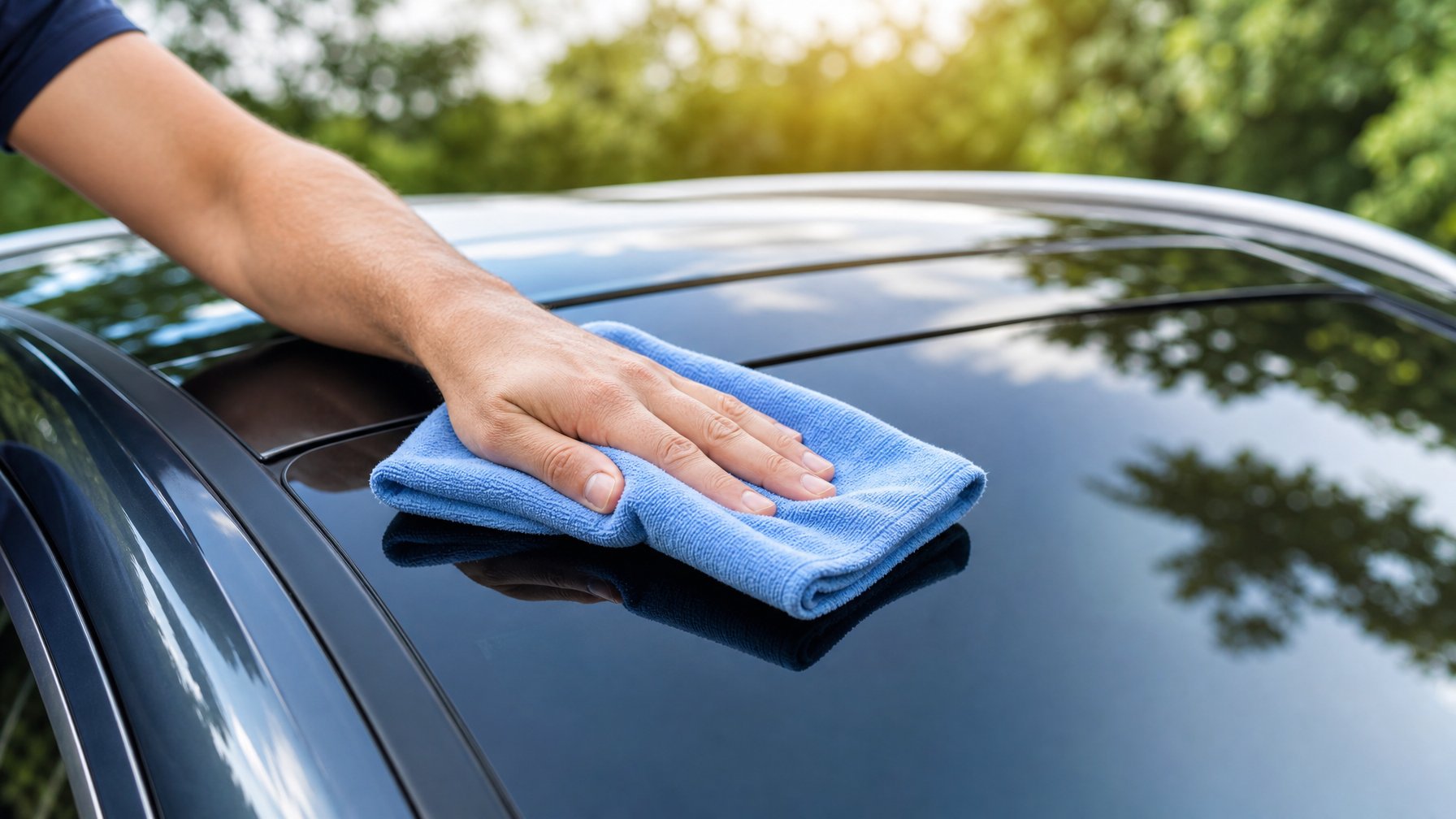 Seseorang sedang membersihkan kaca sunroof mobil dengan kain mikrofiber di bawah sinar matahari.