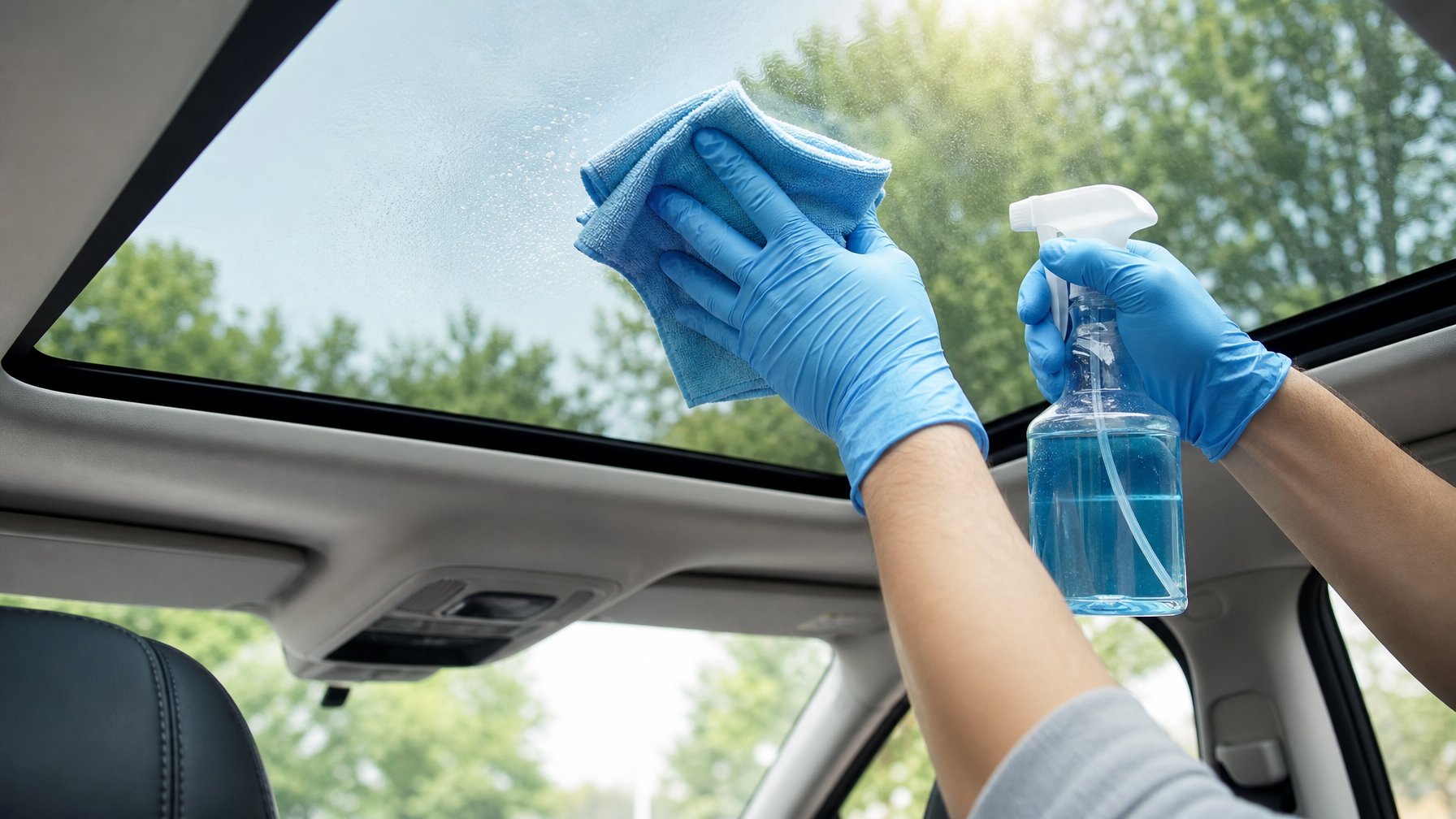 Orang sedang membersihkan kaca sunroof mobil dengan kain mikrofiber dan sarung tangan biru.