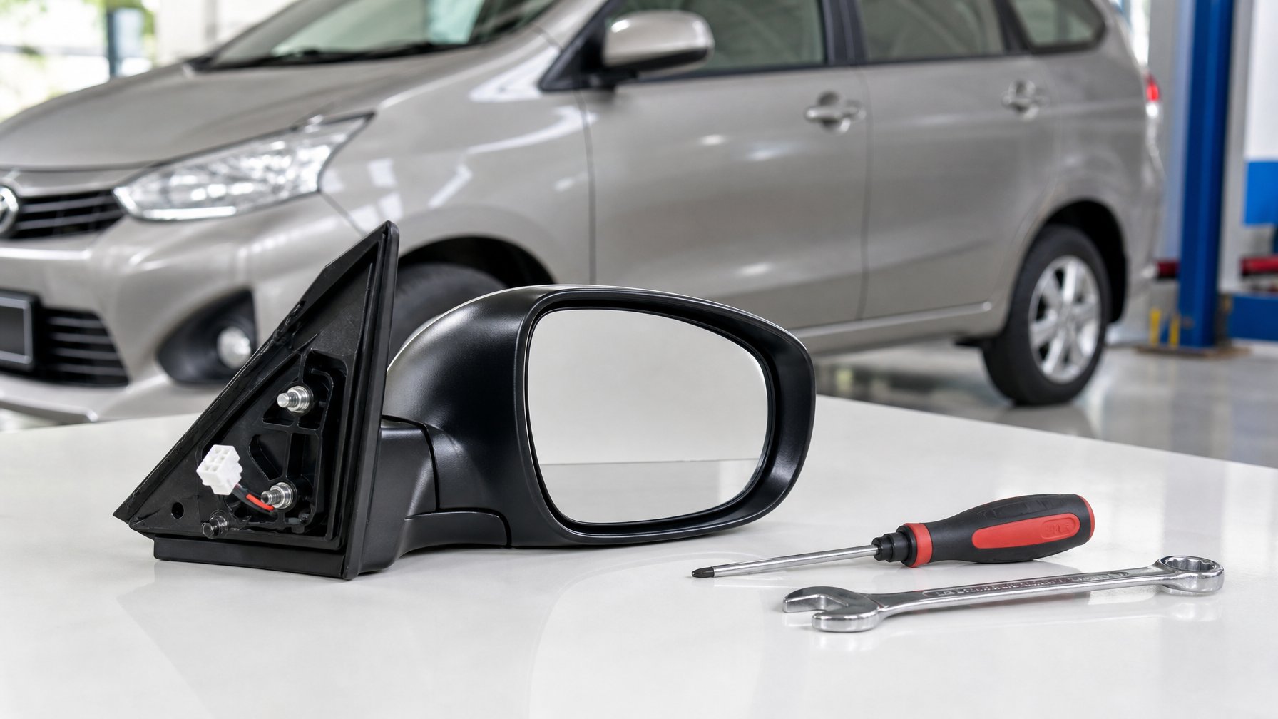 Foto close-up kaca spion mobil Avanza asli dengan alat-alat pemasangan di latar depan dan mobil Avanza di latar belakang.