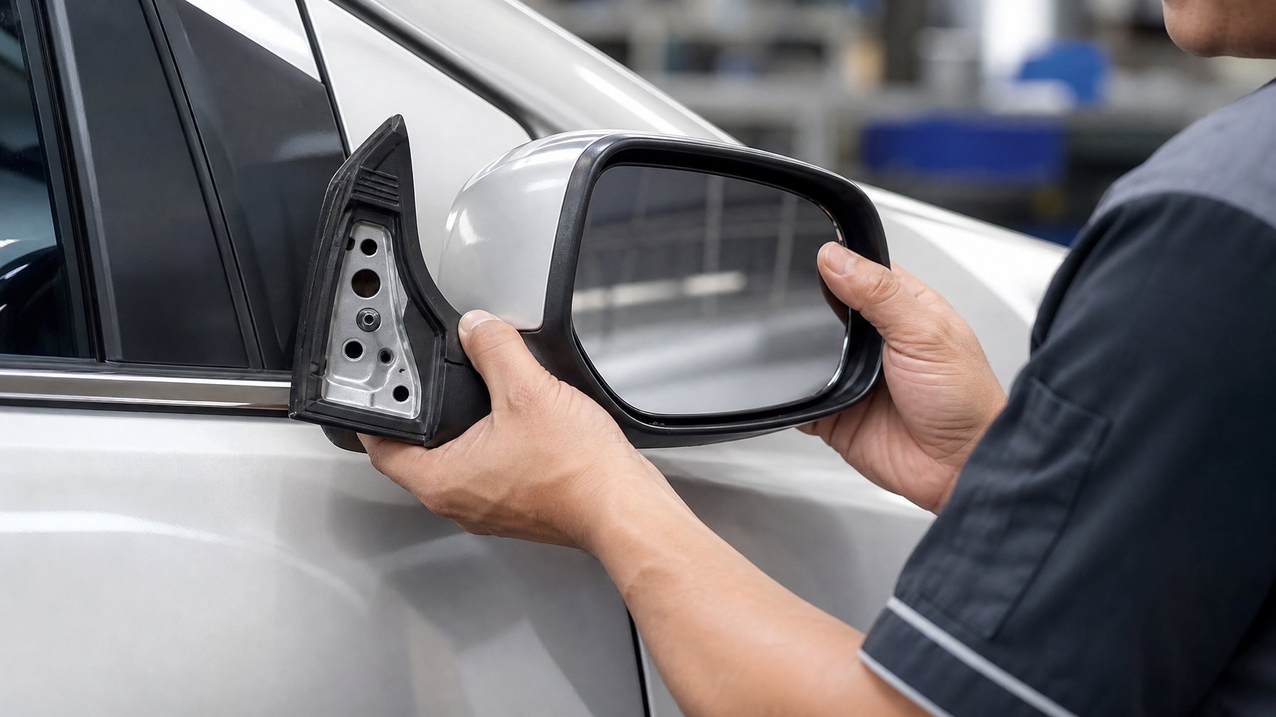 Seorang mekanik sedang memasang kaca spion asli mobil Toyota Avanza di bengkel otomotif.