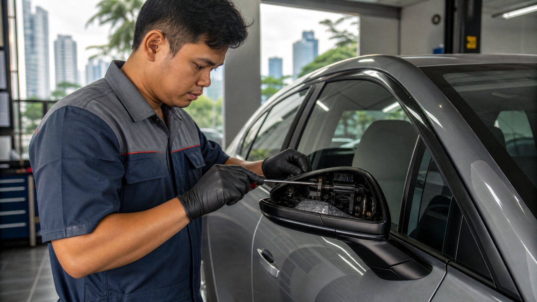 Teknisi sedang memperbaiki spion elektrik mobil yang macet di sebuah bengkel di Jakarta.