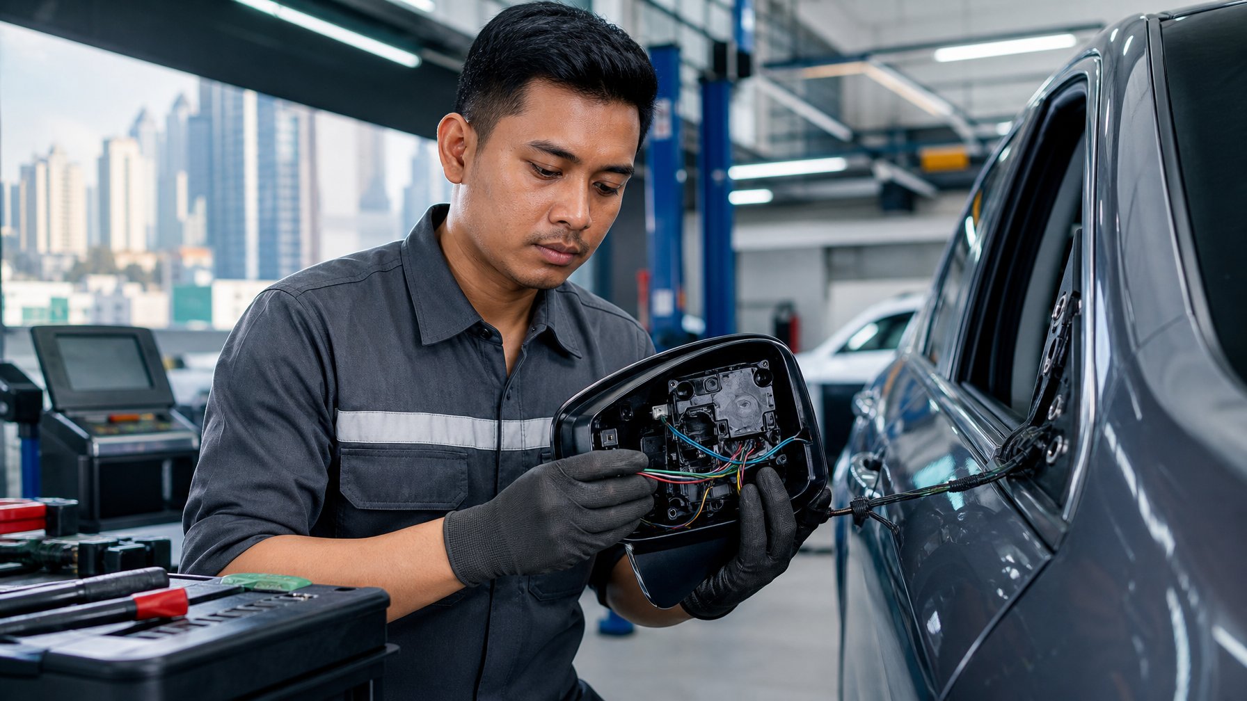 Seorang teknisi mobil sedang memperbaiki spion elektrik mobil di bengkel dengan peralatan dan mobil di latar belakang.