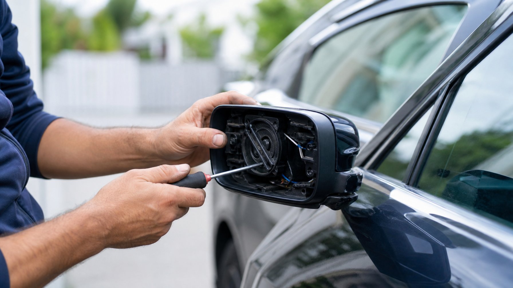 Seseorang sedang memperbaiki spion mobil yang patah dengan menggunakan alat di dekat mobil yang diparkir.