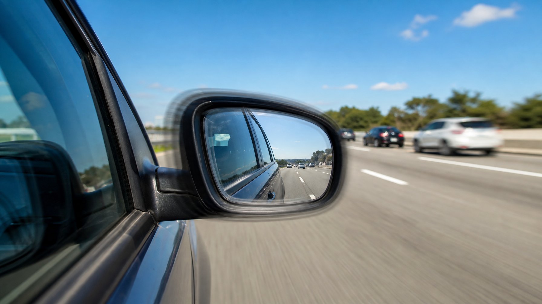 Gambar close-up kaca spion mobil yang bergetar saat melaju di jalan raya dengan latar belakang kendaraan lain dan jalan yang kabur.